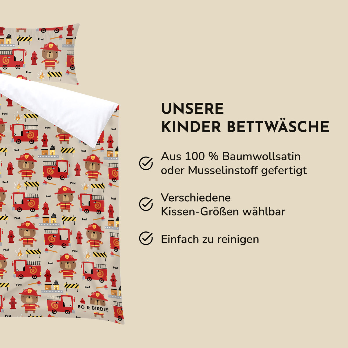 Infografik Feuerwehr-Bettwäsche: 100 % Baumwollsatin oder Musselin, Kissengrößen wählbar, pflegeleicht