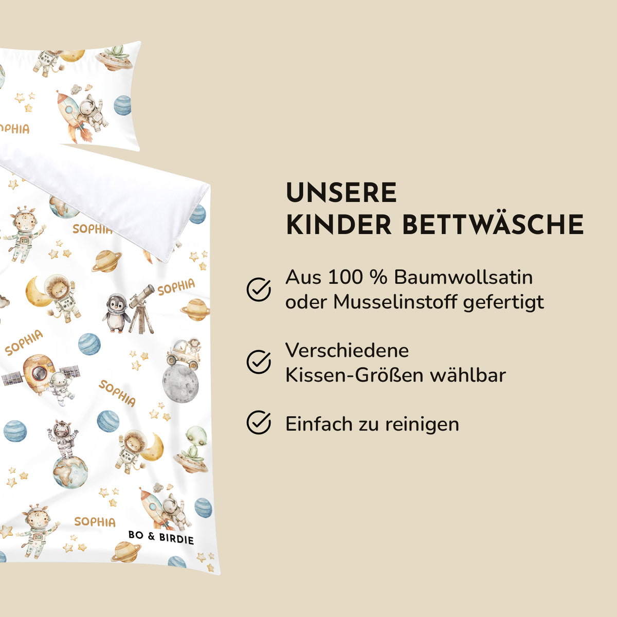 Infografik Weltall-Safari-Bettwäsche: 100 % Baumwollsatin oder Musselin, Kissengrößen wählbar, pflegeleicht