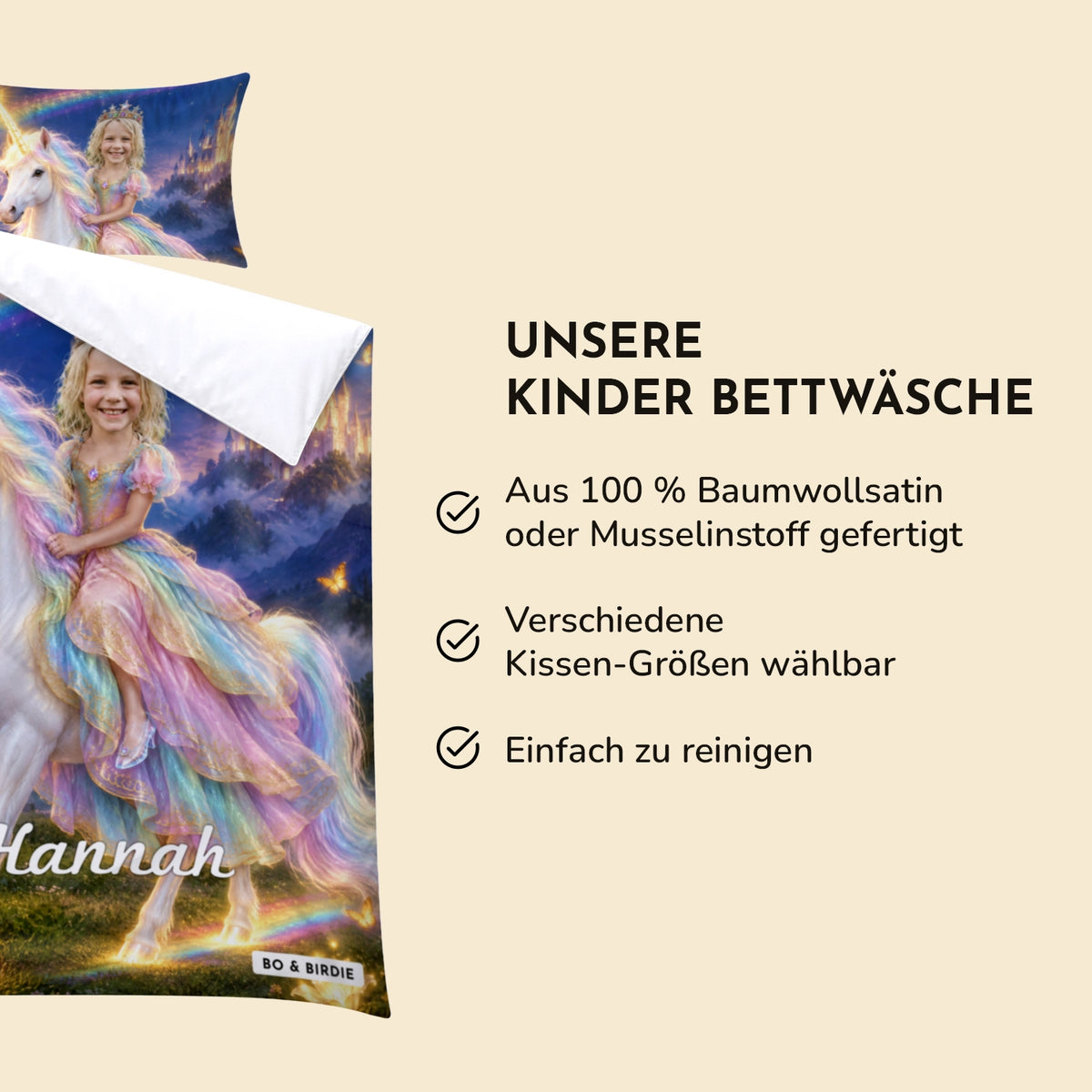 Infografik Prinzessinnen-Bettwäsche: 100 % Baumwollsatin oder Musselin, Kissengrößen wählbar, pflegeleicht