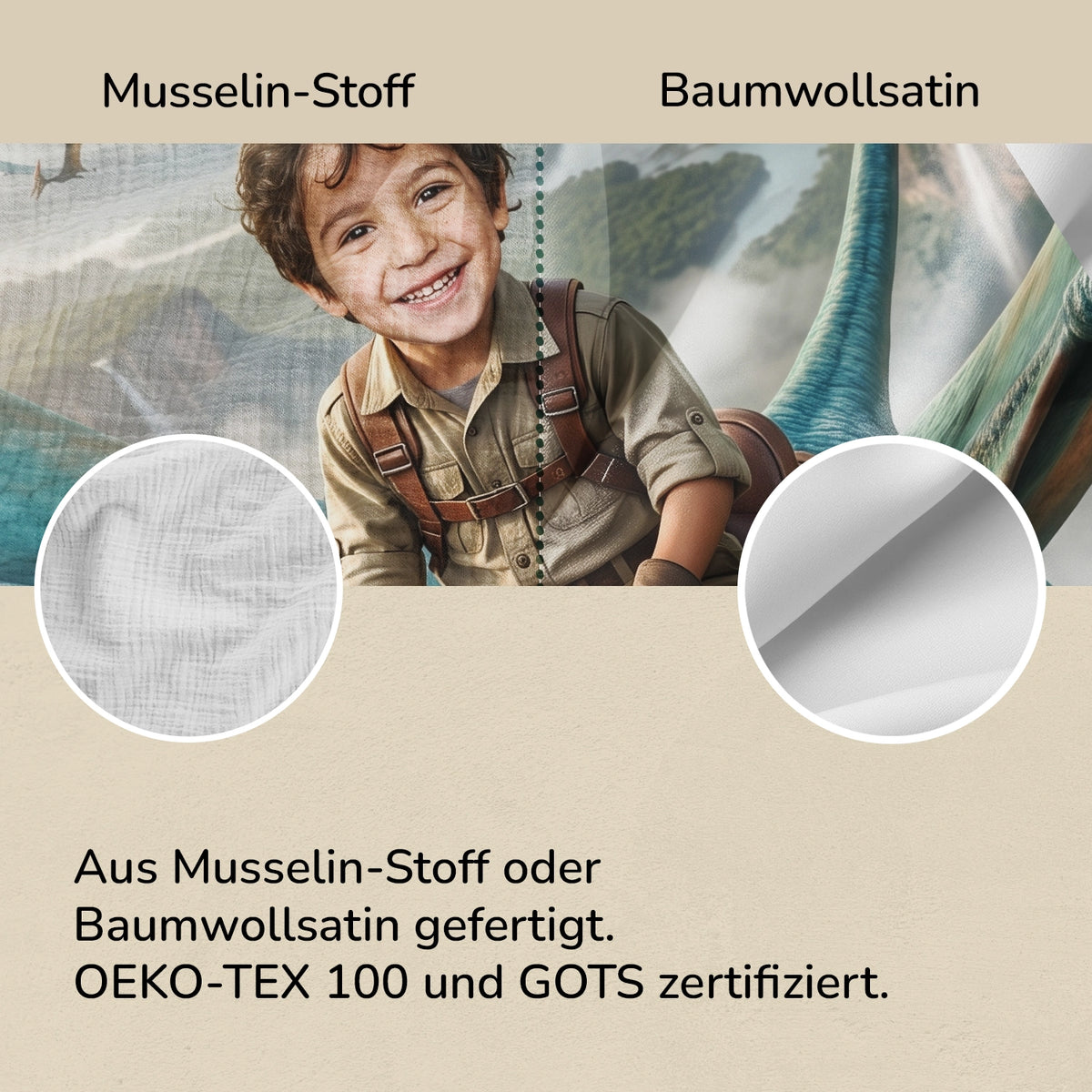 Stoffvergleich der Flugsaurier-Bettwäsche: Musselin oder Baumwollsatin, OEKO-TEX 100 und GOTS