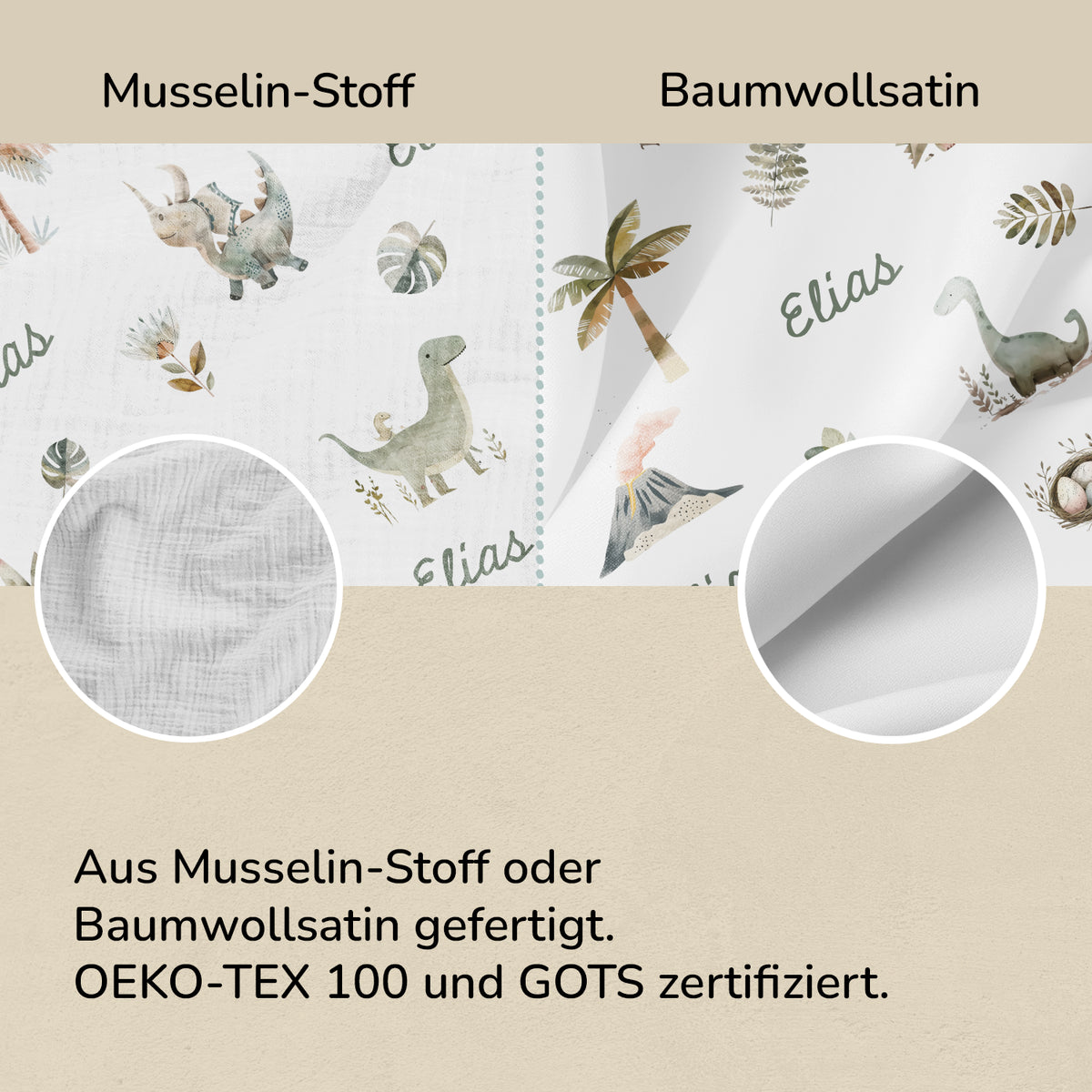 Stoffvergleich der Dino-Bettwäsche: Musselin oder Baumwollsatin, OEKO-TEX 100 und GOTS
