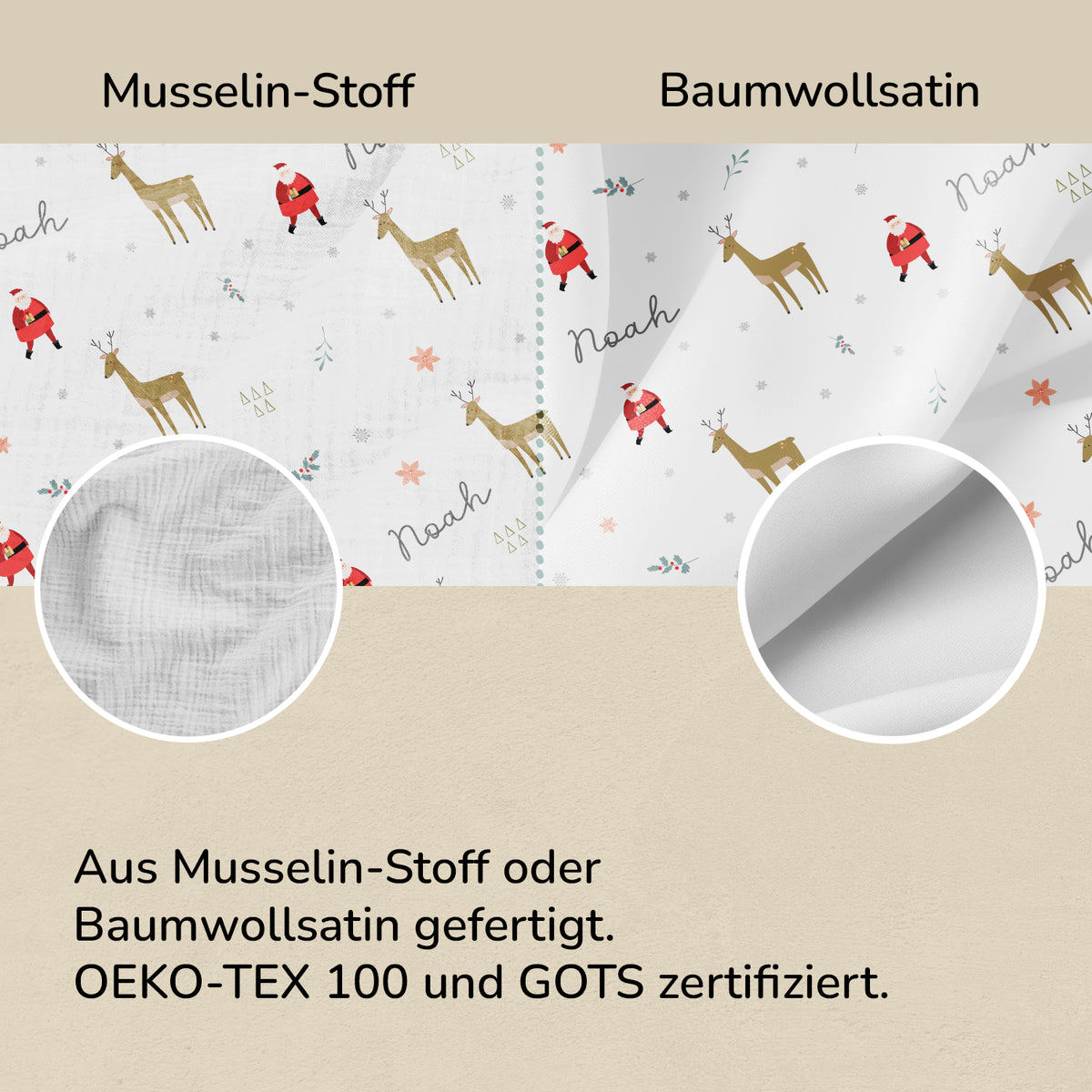 Stoffvergleich der Weihnachts-Bettwäsche: Musselin oder Baumwollsatin, OEKO-TEX 100 und GOTS