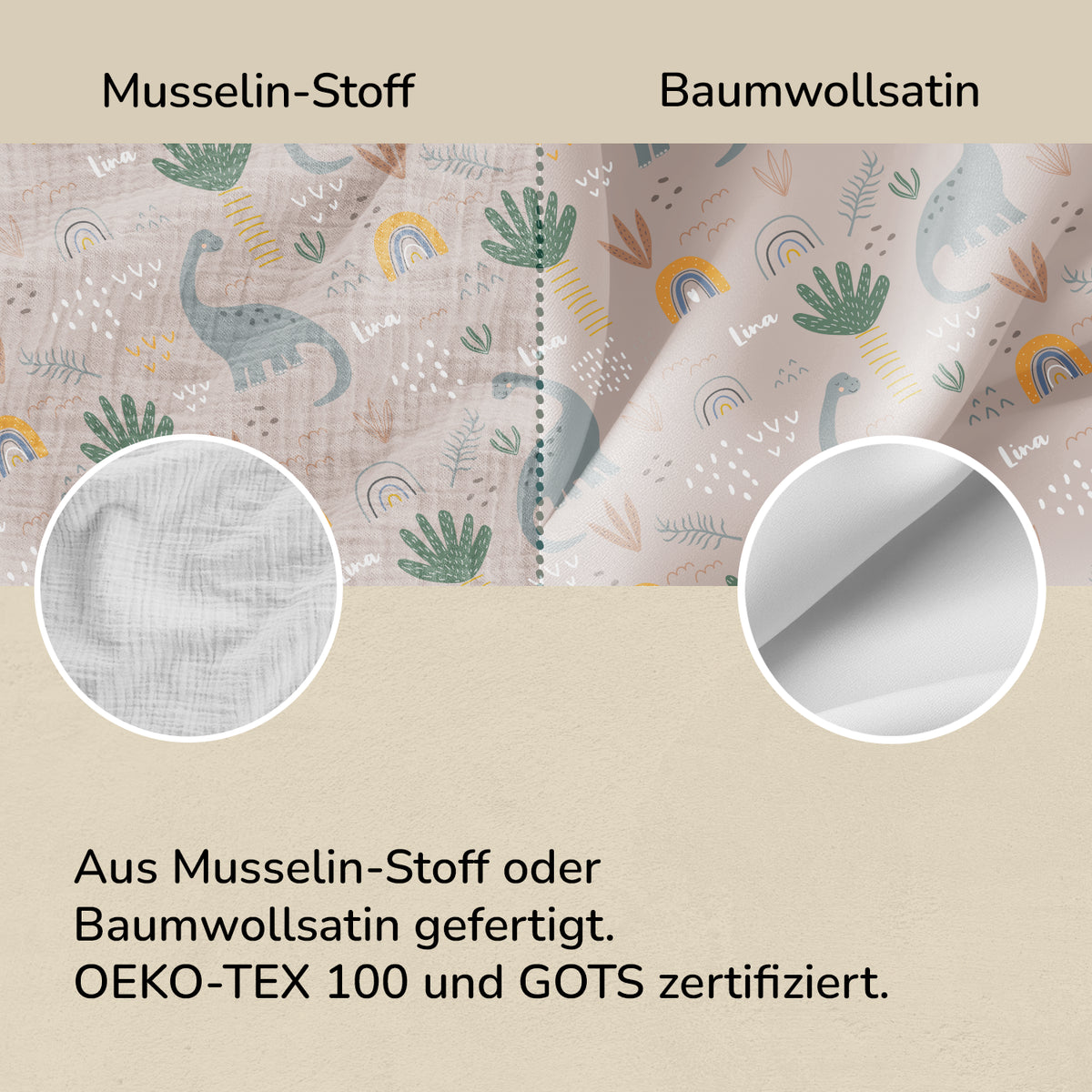 Stoffvergleich der Dinosaurier-Bettwäsche: Musselin oder Baumwollsatin, OEKO-TEX 100 und GOTS