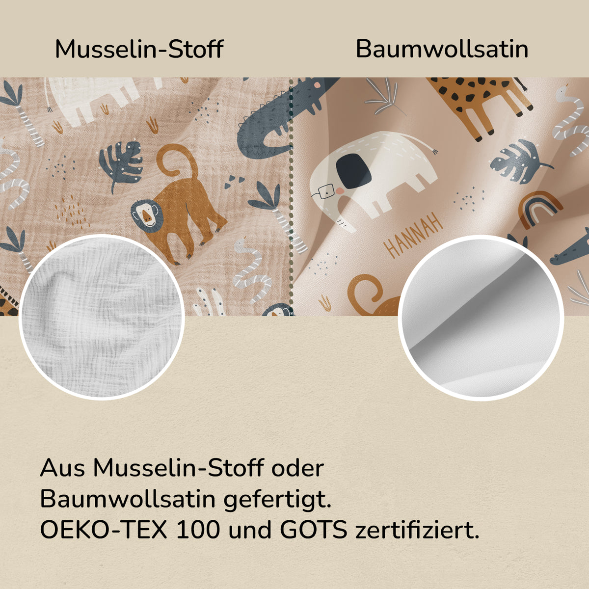 Stoffvergleich der Savannen-Bettwäsche: Musselin oder Baumwollsatin, OEKO-TEX 100 und GOTS