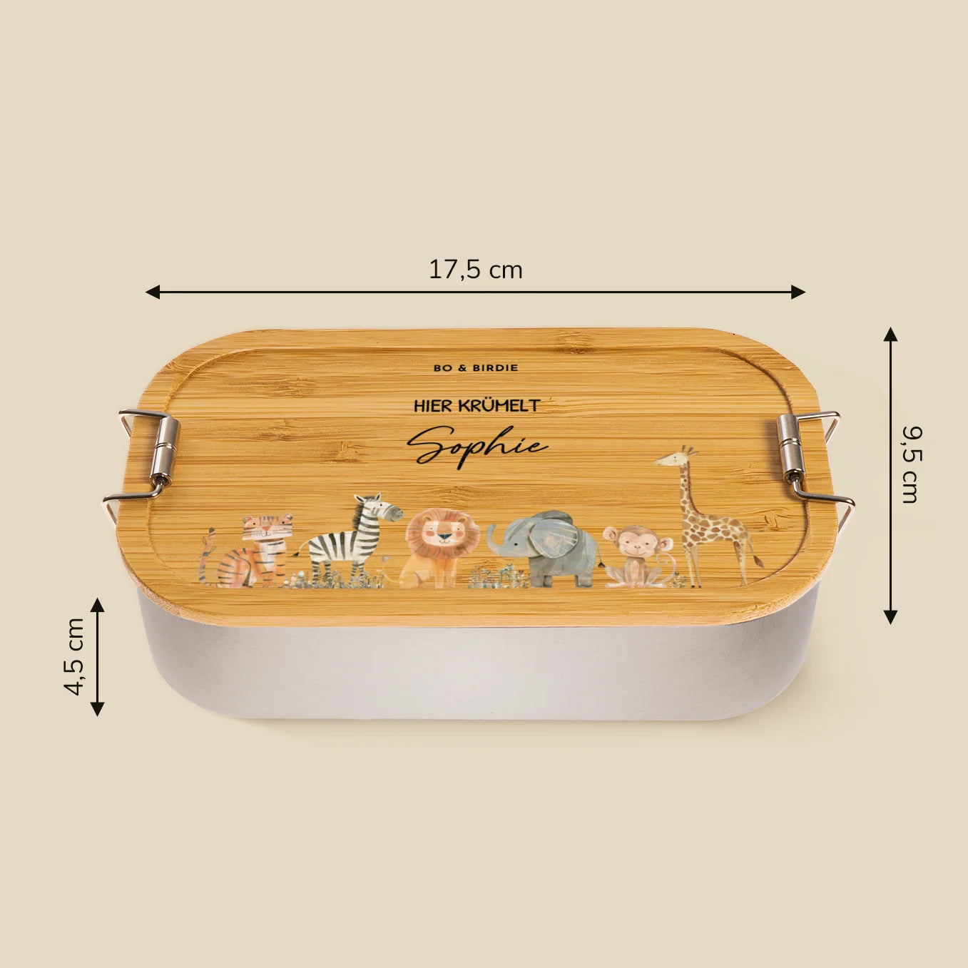 Personalisierte Brotdose mit Bambusdeckel "Safari Tiere" + 52 Gratis Aufkleber