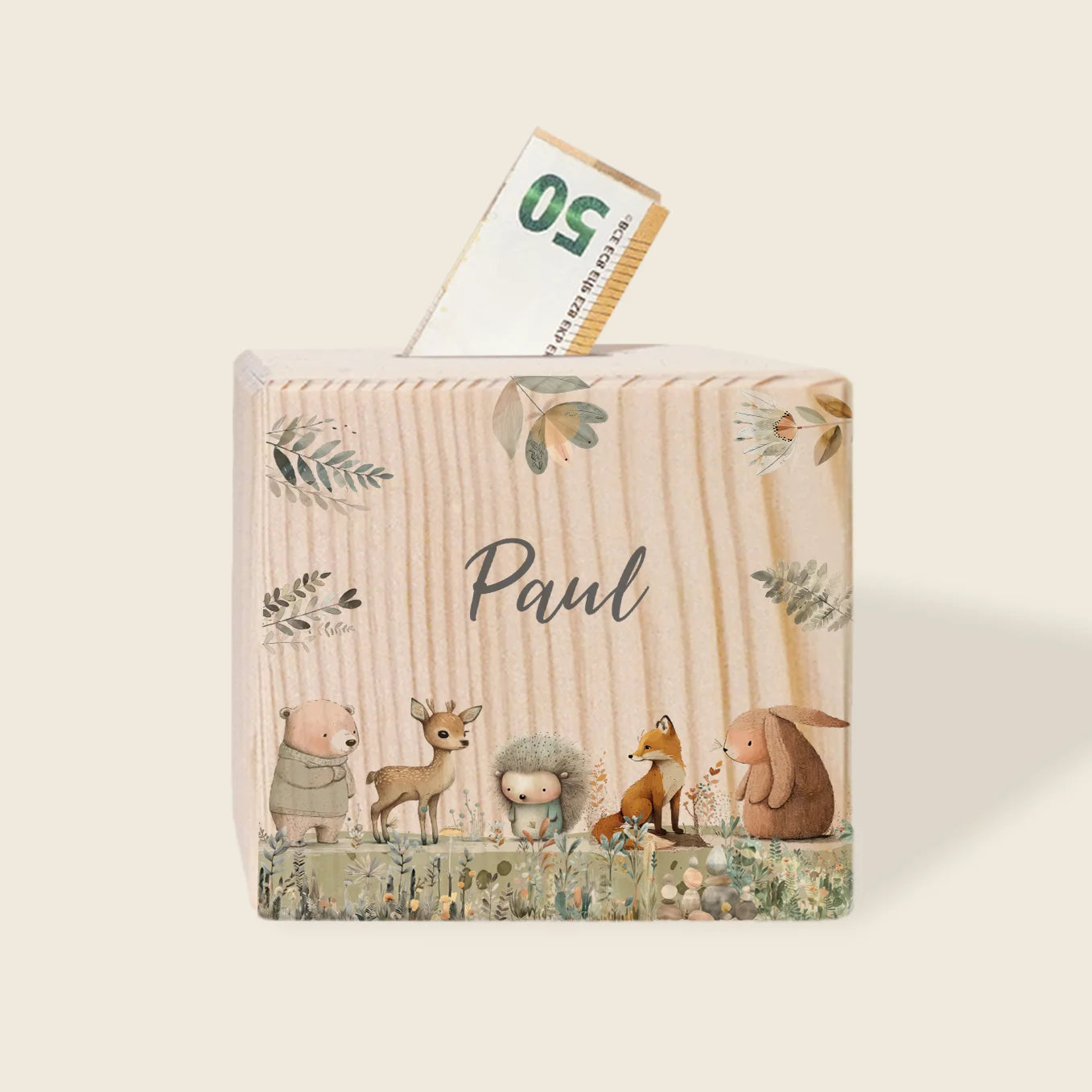 Personalisierte Holzspardose "Waldtiere Aquarell”