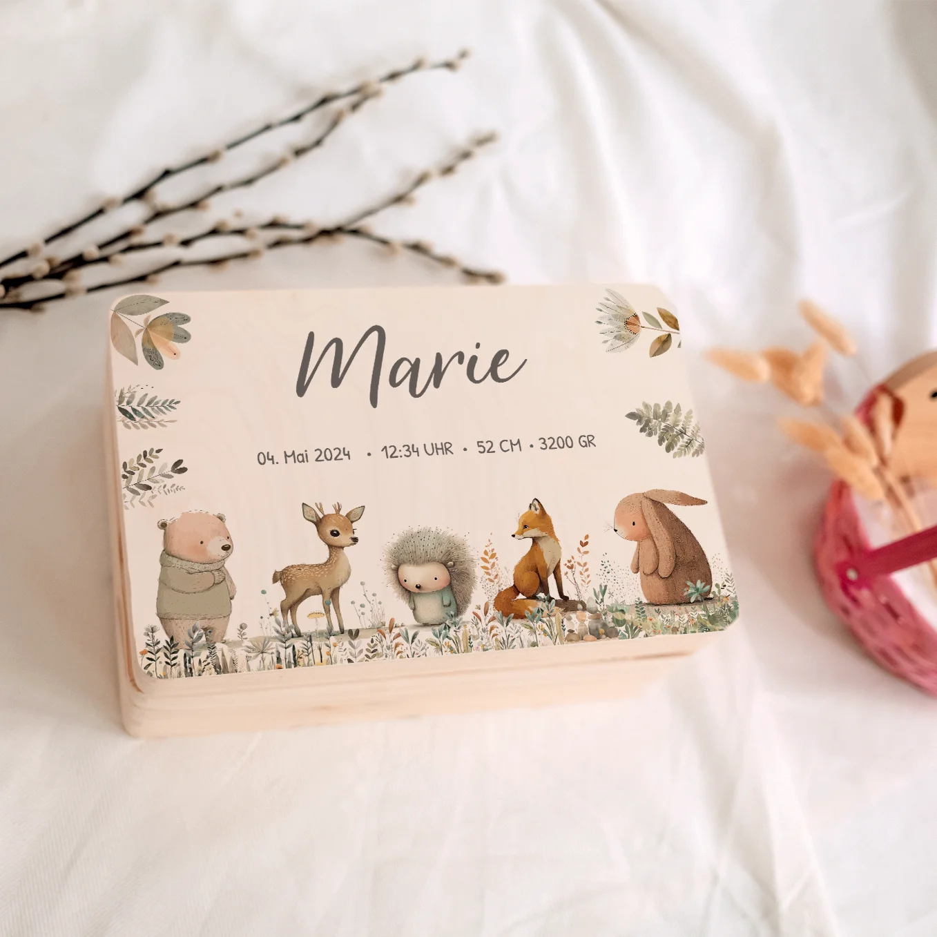 Personalisierte Erinnerungsbox "Aquarell Tiere Wald"