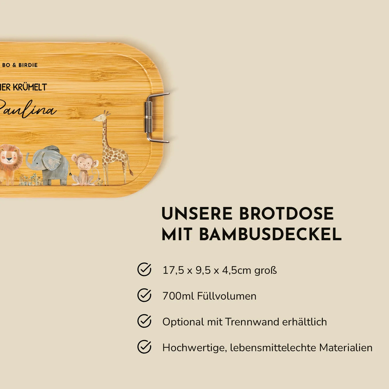 Personalisierte Brotdose mit Bambusdeckel "Safari Tiere" + 52 Gratis Aufkleber