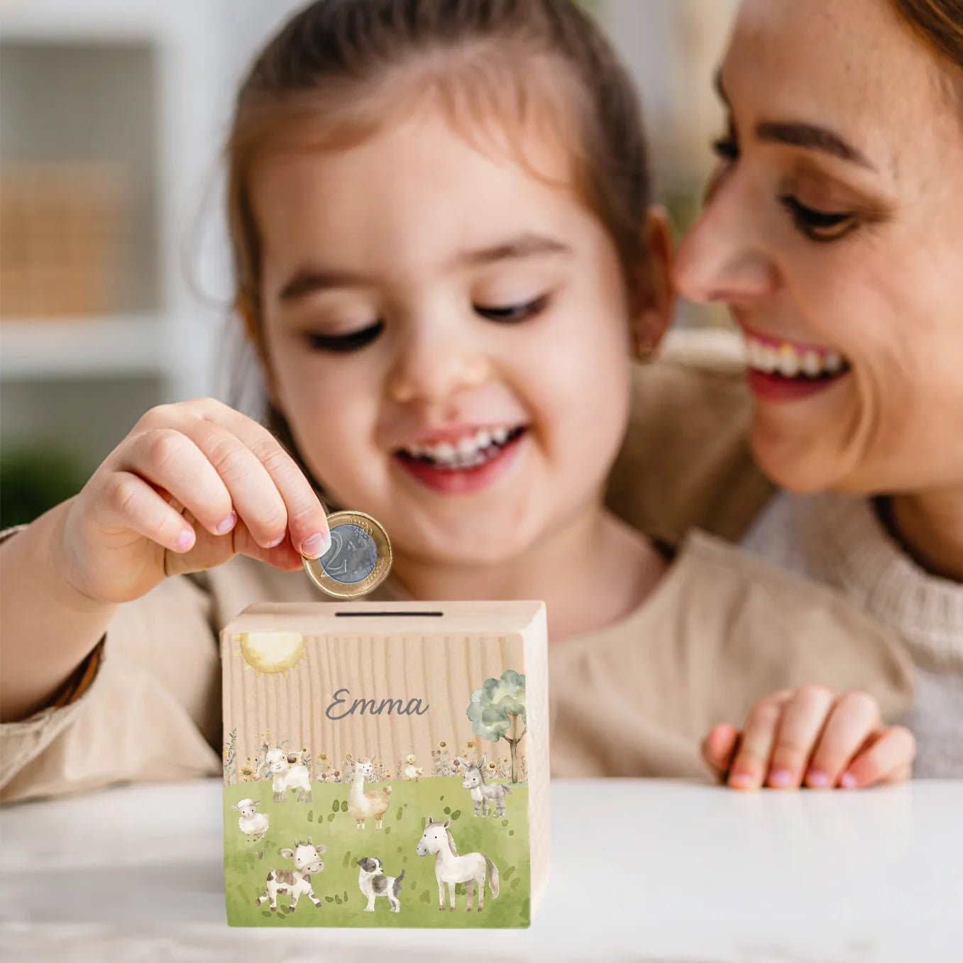 Personalisierte Holzspardose "Bauernhof”