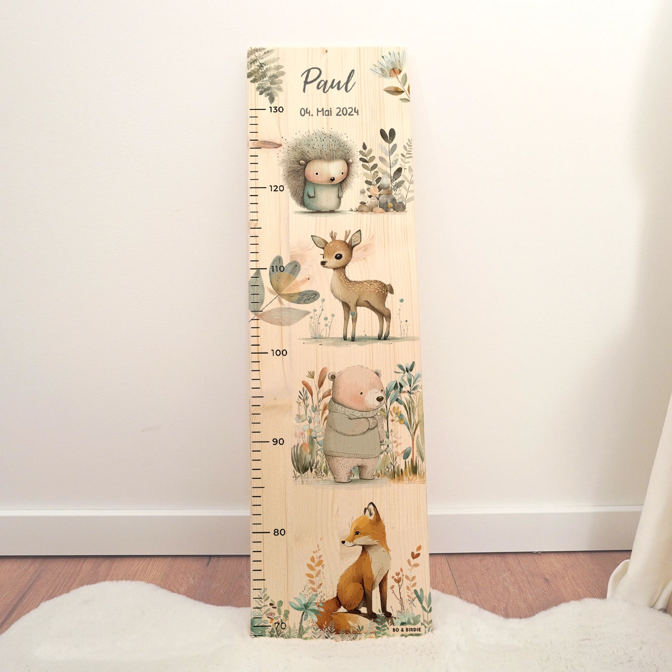 Personalisierte Messlatte "Aquarell Tiere im Wald" Bo & Birdie