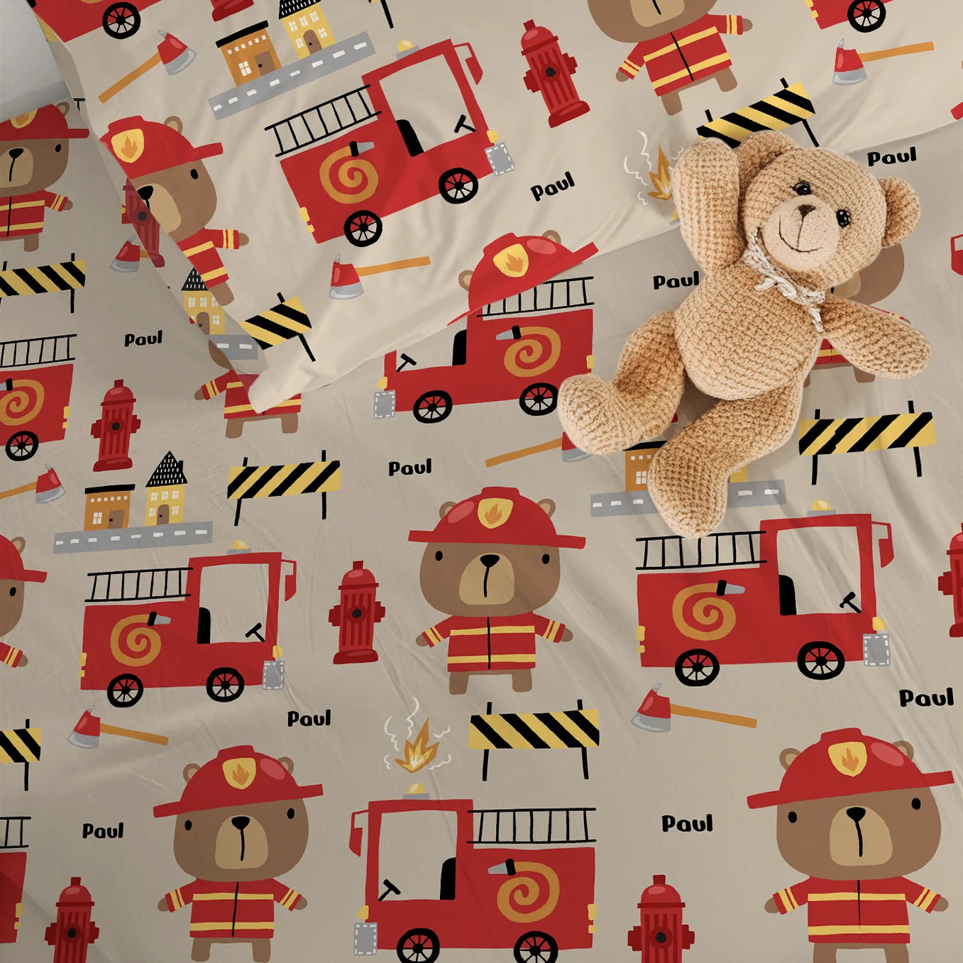 Personalisierte Kinder Bettwäsche Baumwollsatin "Feuerwehr" Bo & Birdie