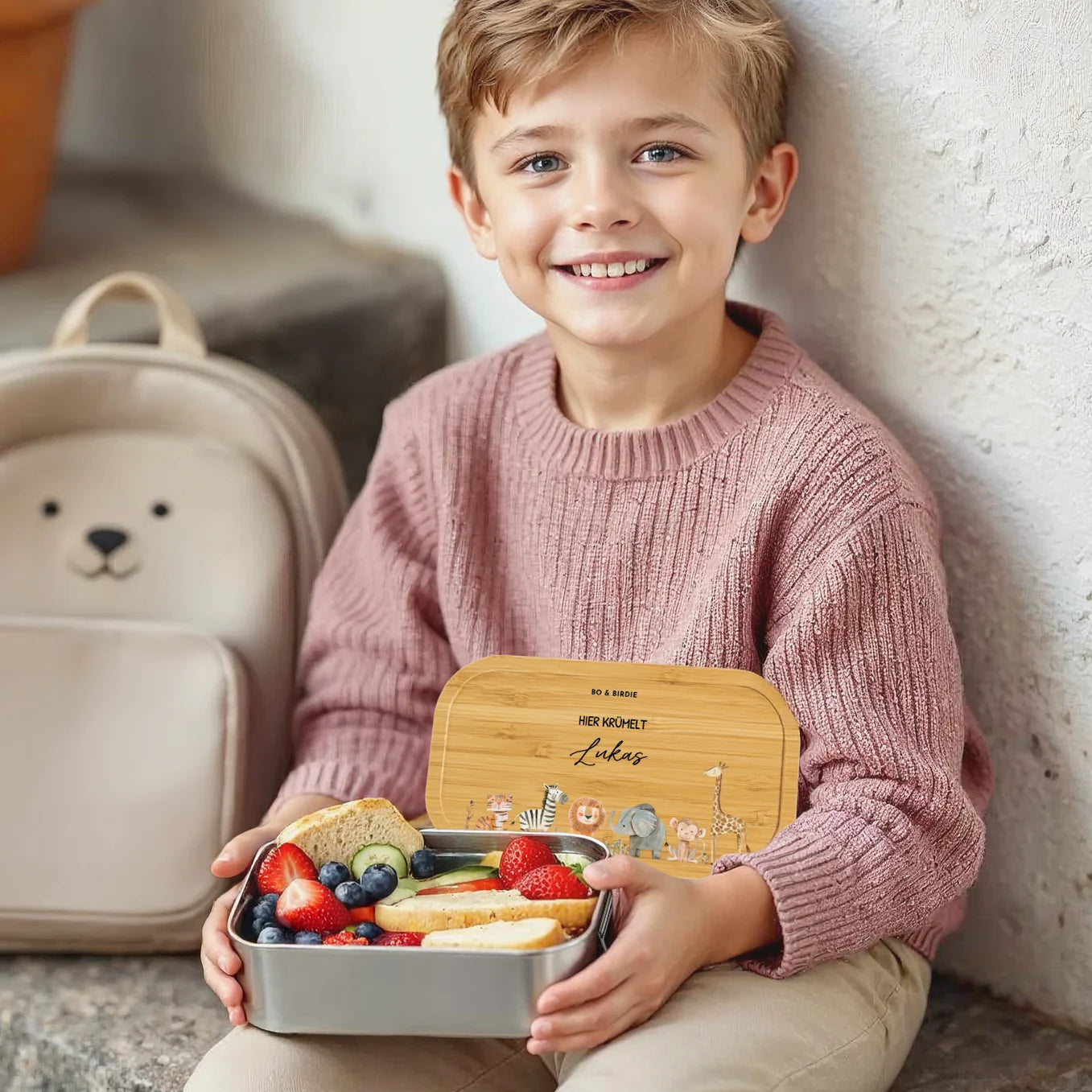 Personalisierte Brotdose mit Bambusdeckel "Safari Tiere" + 52 Gratis Aufkleber