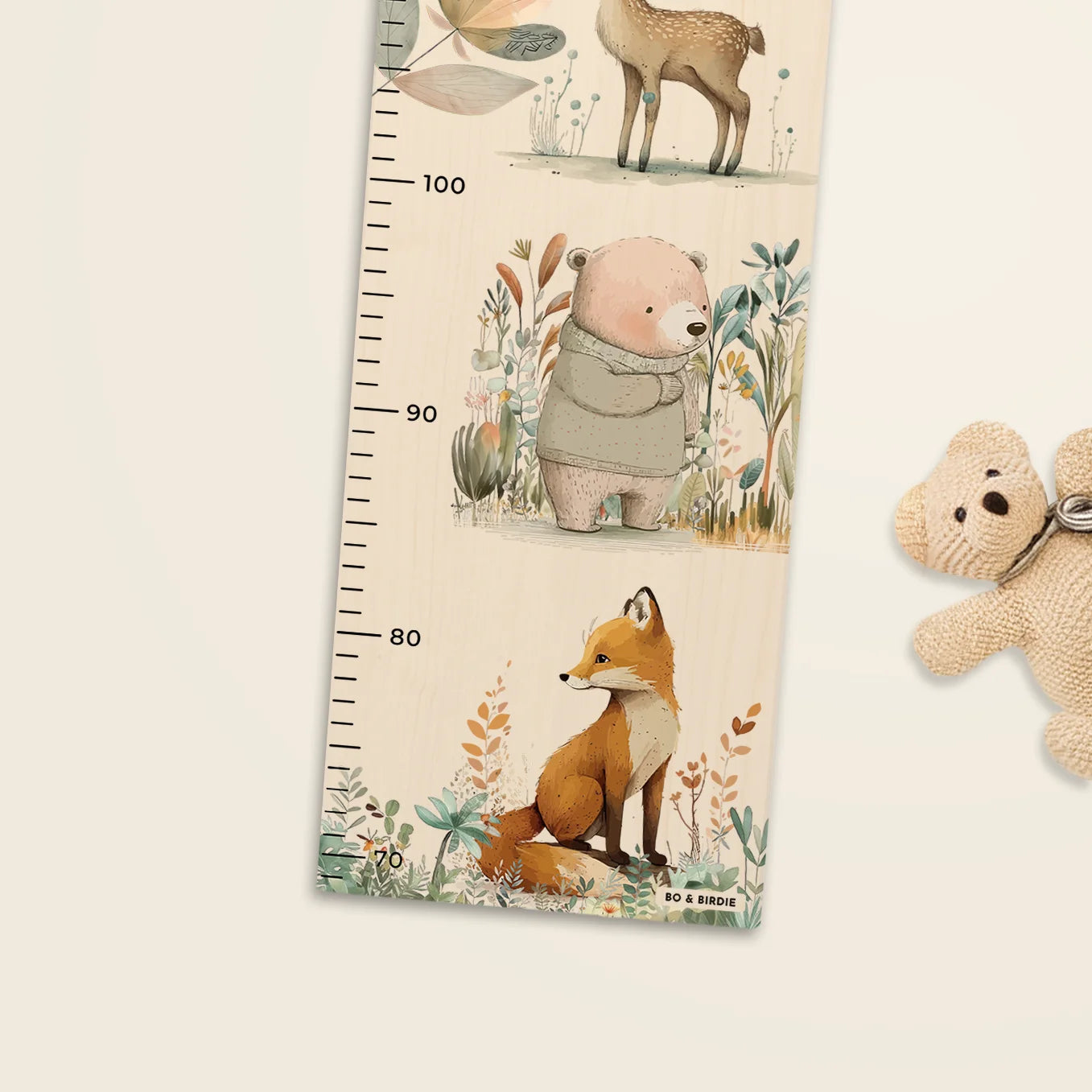 Personalisierte Messlatte "Aquarell Tiere im Wald" - Bo & Birdie