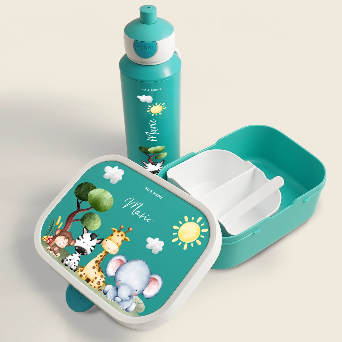 Set: Personalisierte Mepal Brotdose & Trinkflasche "Mini Safari" Bo & Birdie