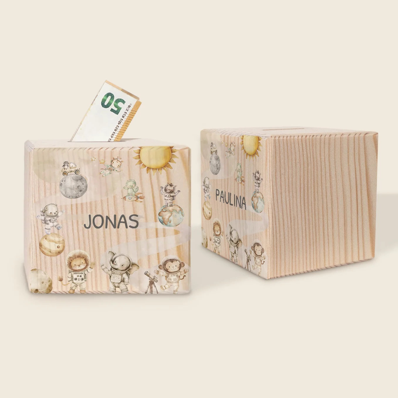 Personalisierte Holzspardose "Weltall Safari"