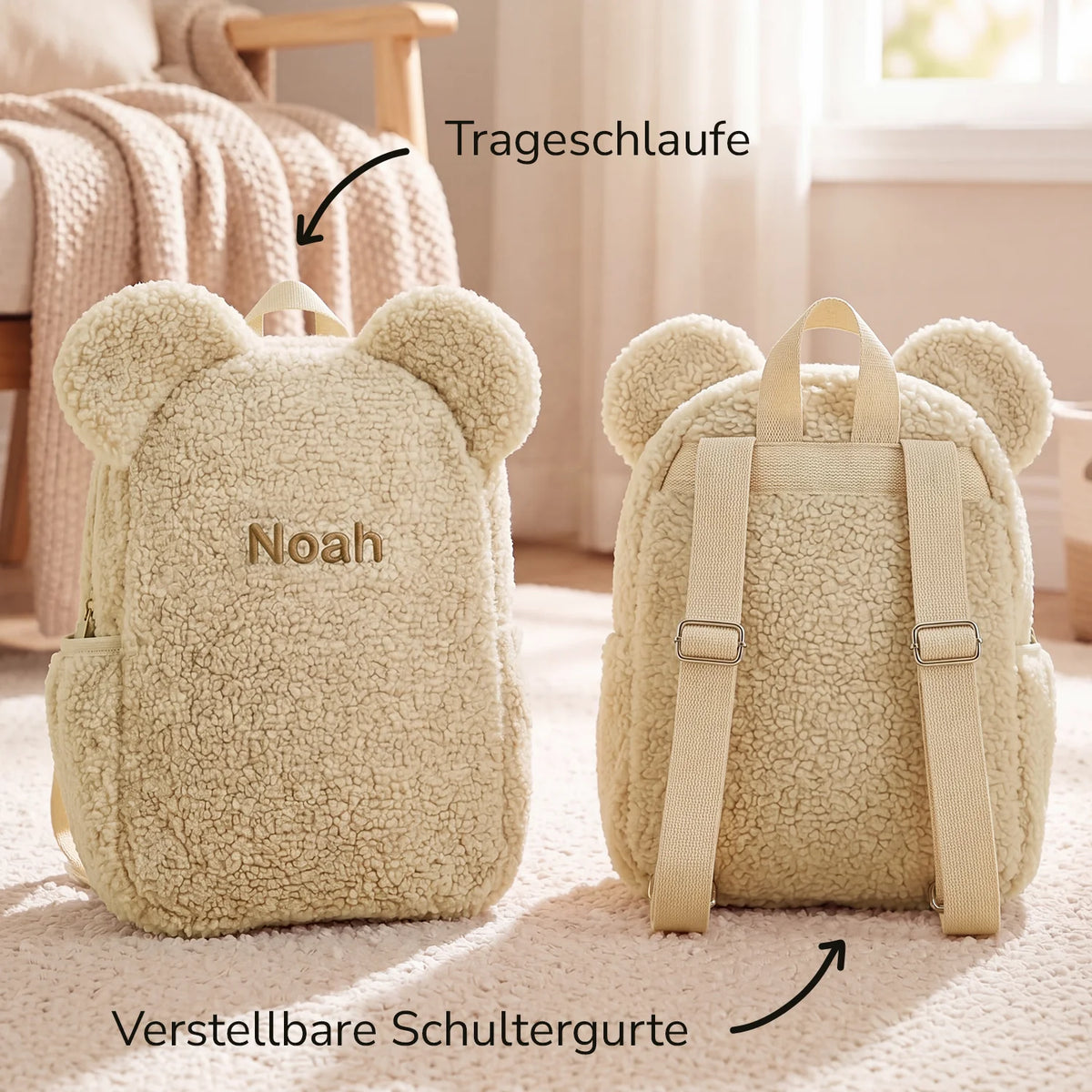Vorder- und Rückseite des beigen Teddy Rucksacks mit Trageschlaufe und verstellbaren Schultergurten
