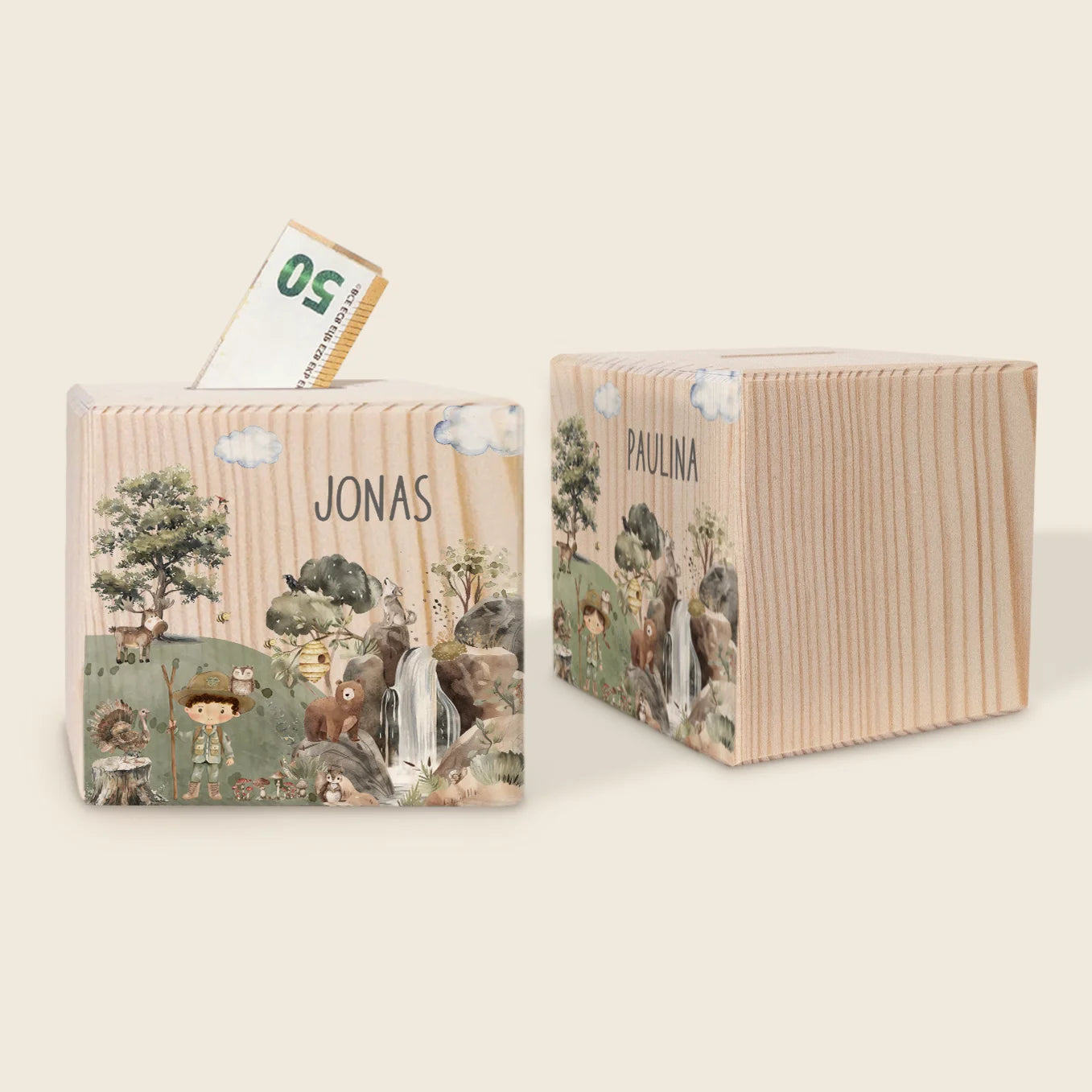 Personalisierte Holzspardose "Wildnis”