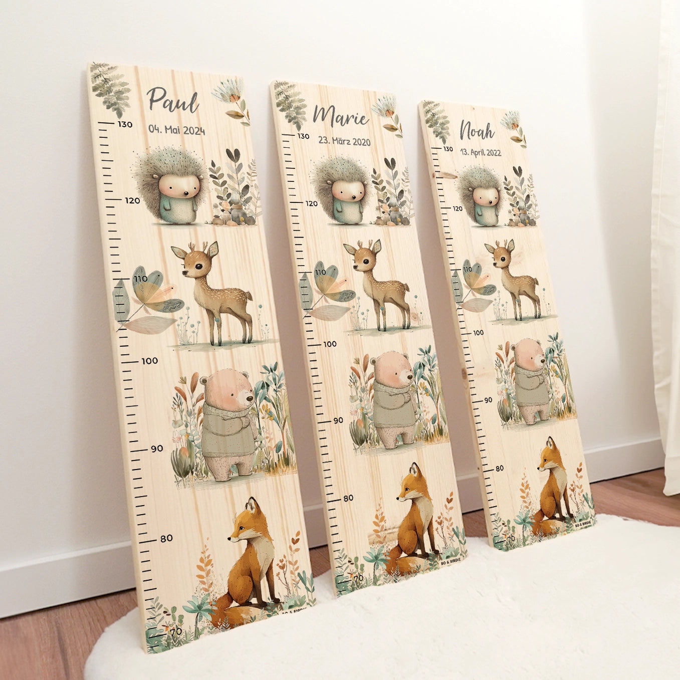 Personalisierte Messlatte "Aquarell Tiere im Wald" Bo & Birdie