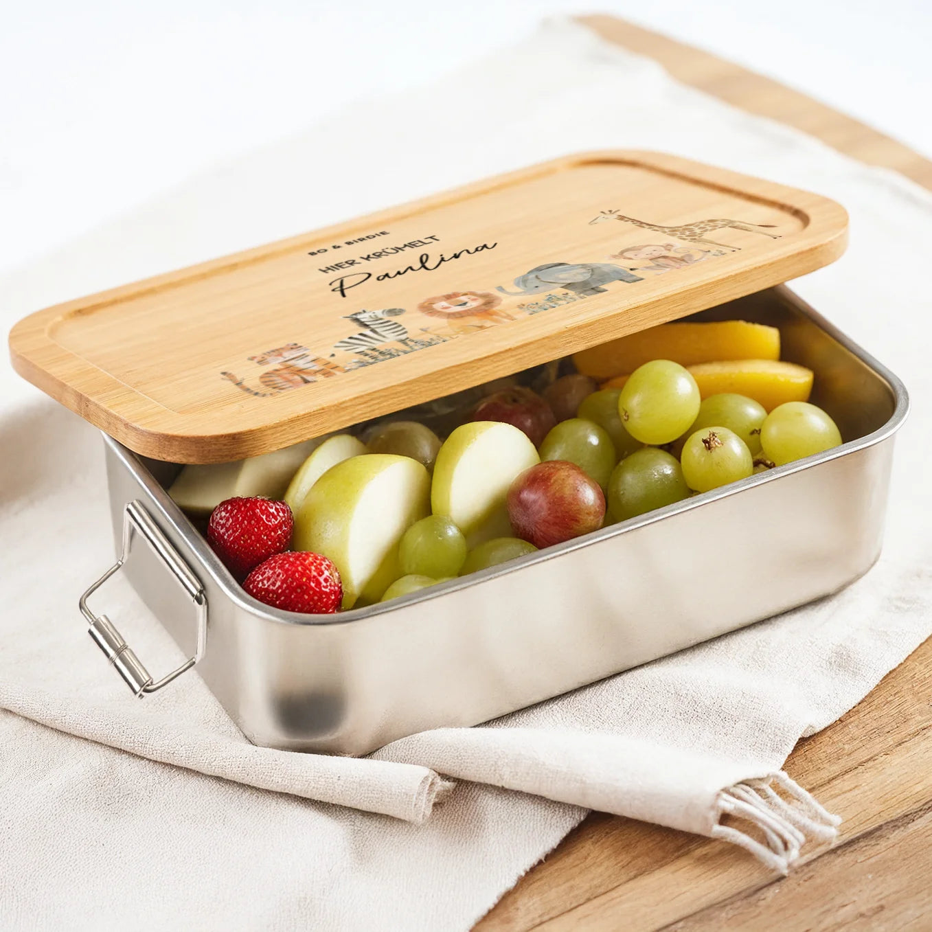 Personalisierte Brotdose mit Bambusdeckel "Safari Tiere" + 52 Gratis Aufkleber