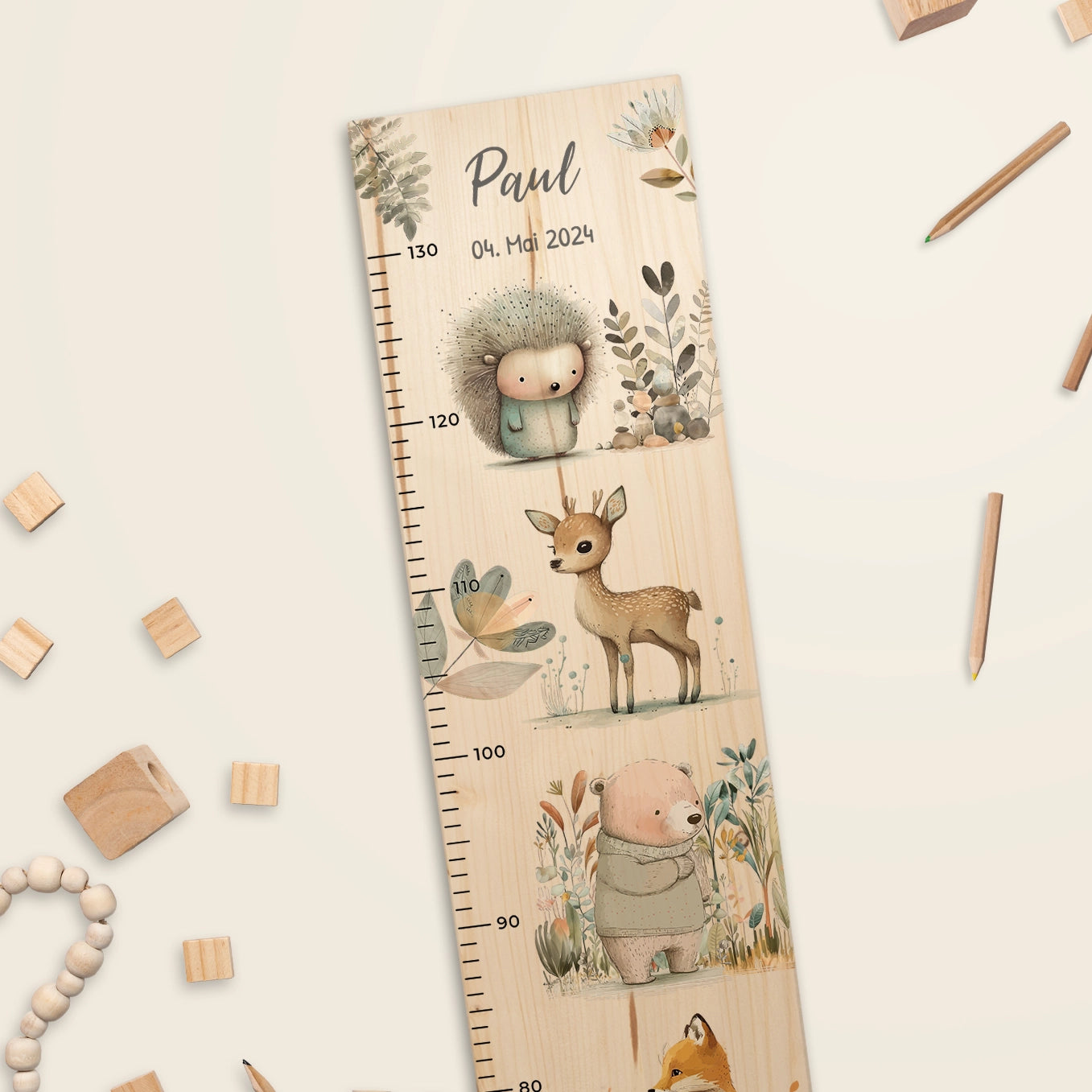 Personalisierte Messlatte "Aquarell Tiere im Wald" Bo & Birdie