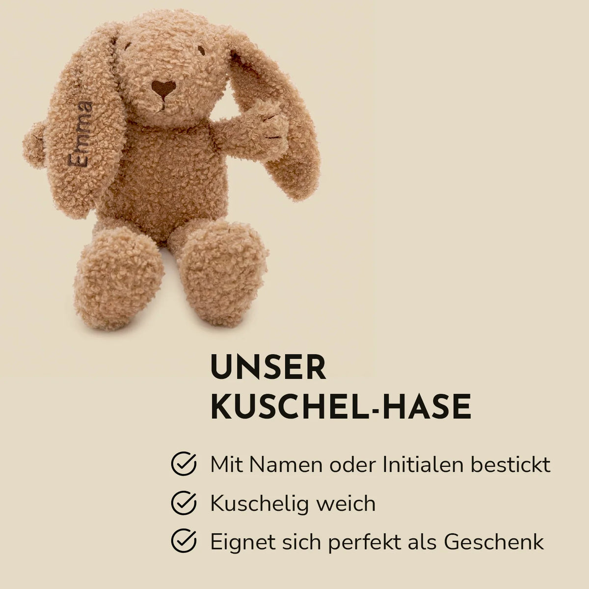 Infografik zum Kuschel-Hasen: mit Namen oder Initialen bestickt, kuschelig weich, ideal als Geschenk