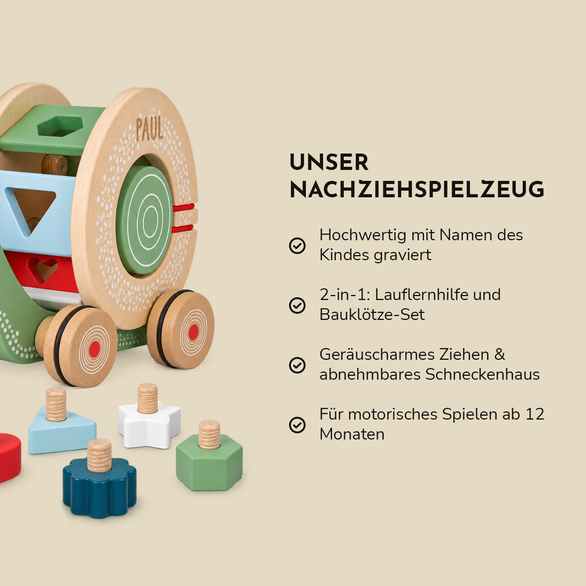 Personalisiertes Nachziehtier Schnecke "Name"