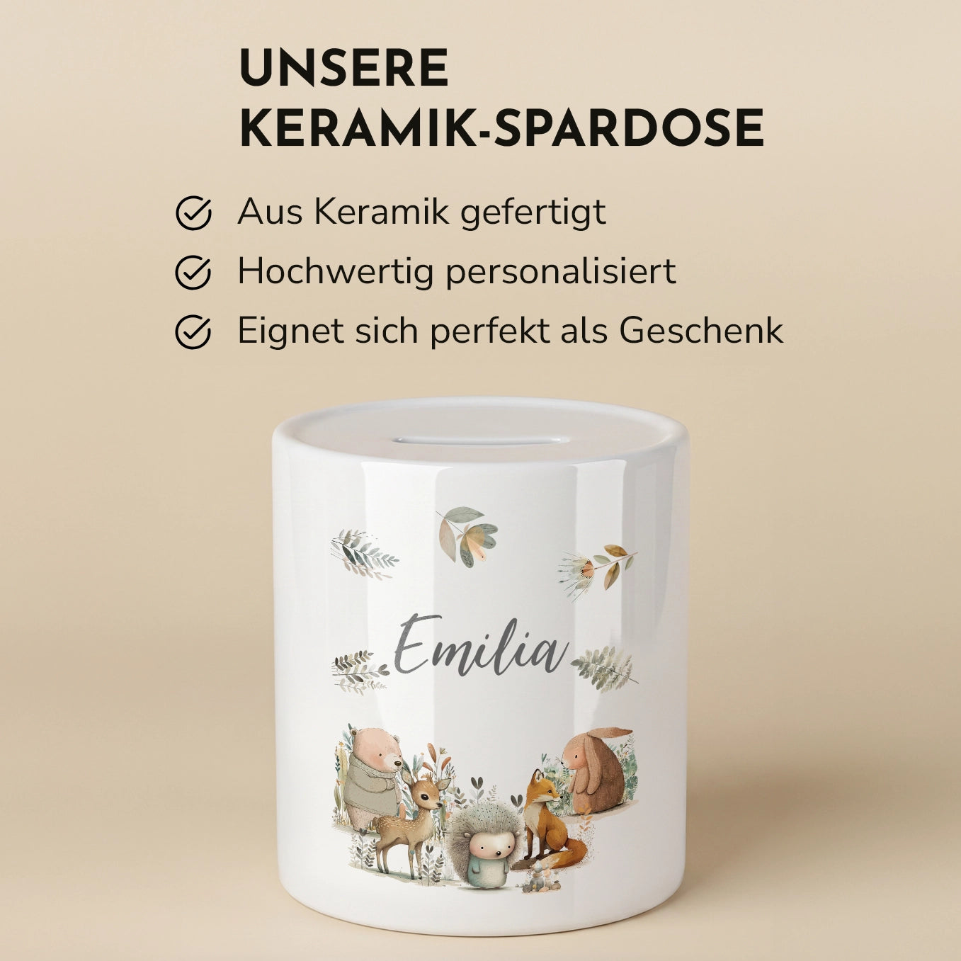Personalisierte Keramik Spardose "Waldtiere Aquarell"