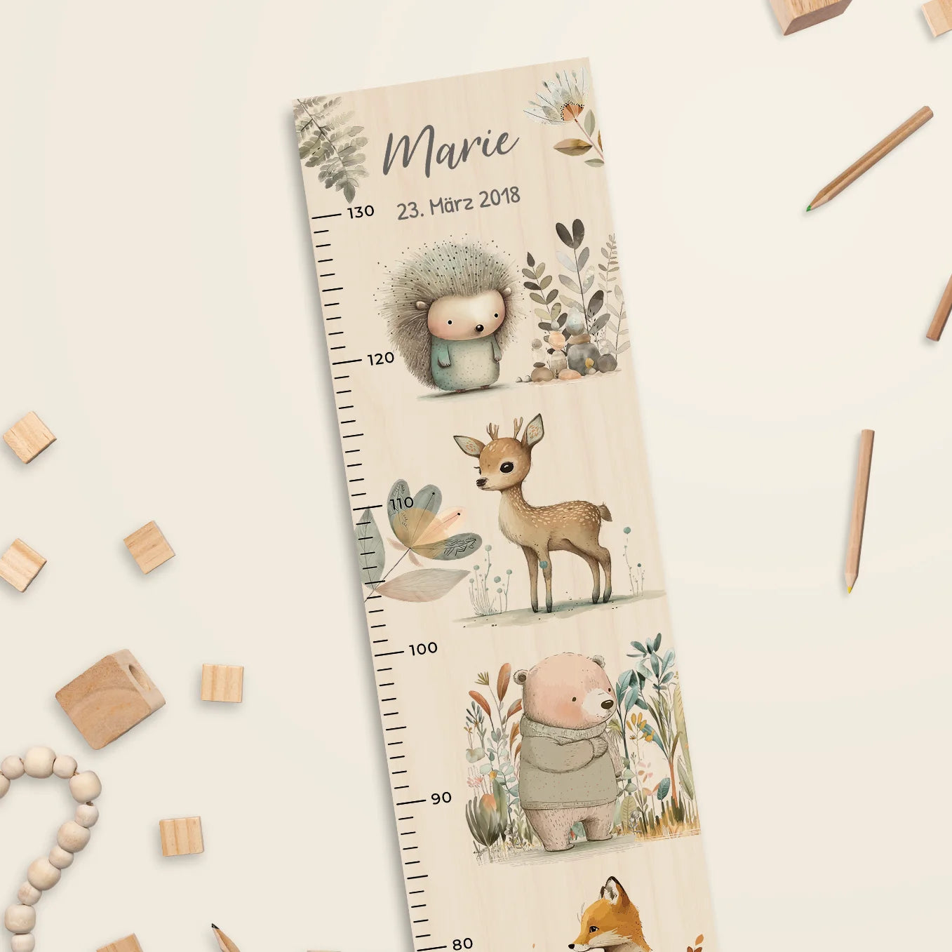 Personalisierte Messlatte "Aquarell Tiere im Wald" - Bo & Birdie