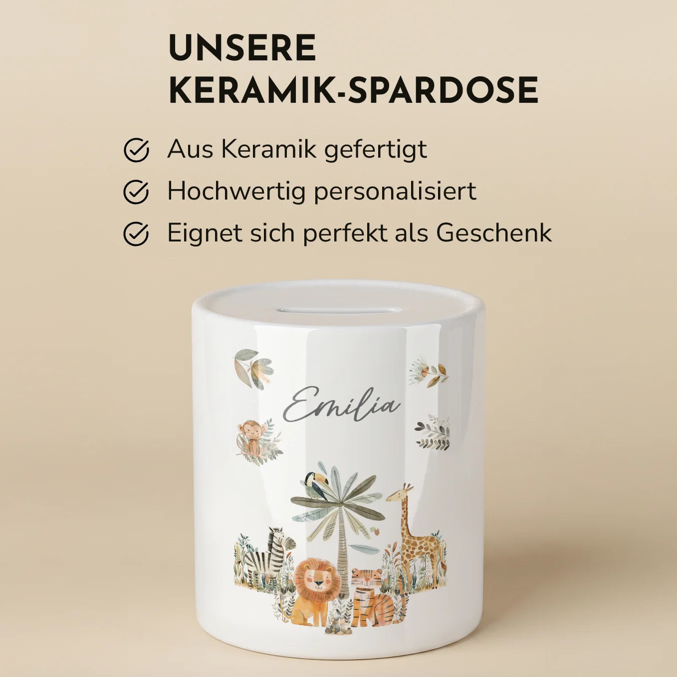 Personalisierte Keramik Spardose "Safari Tiere"