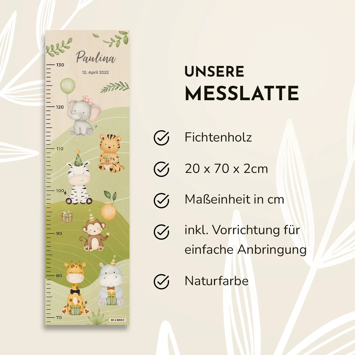 Personalisierte Messlatte "Tierparty"