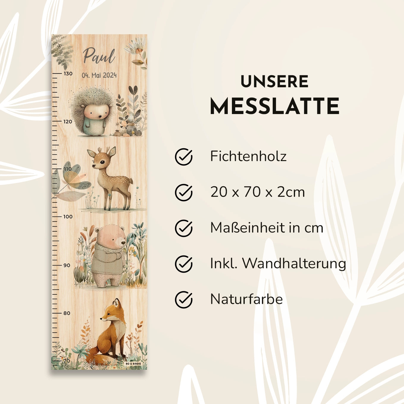 Personalisierte Messlatte "Aquarell Tiere im Wald" Bo & Birdie