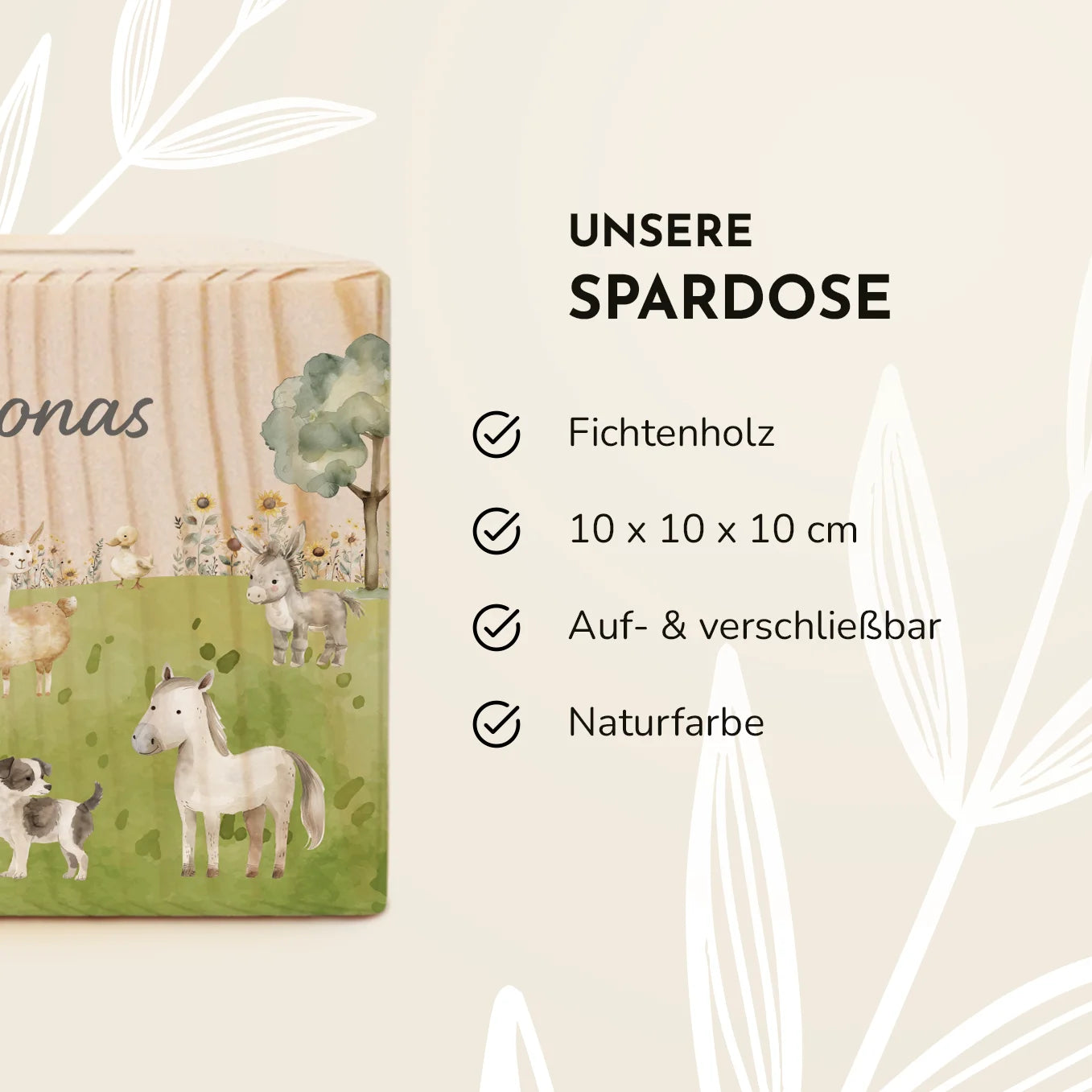 Personalisierte Holzspardose "Bauernhof”