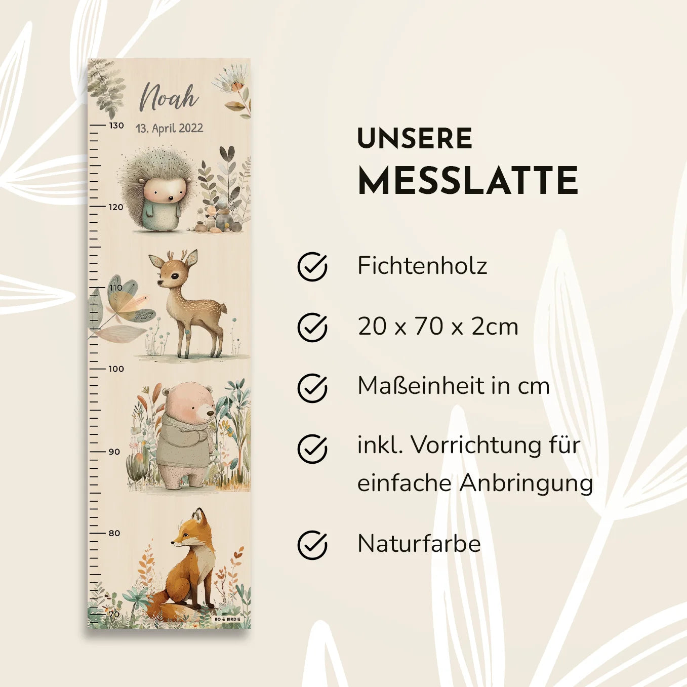 Personalisierte Messlatte "Aquarell Tiere im Wald" - Bo & Birdie