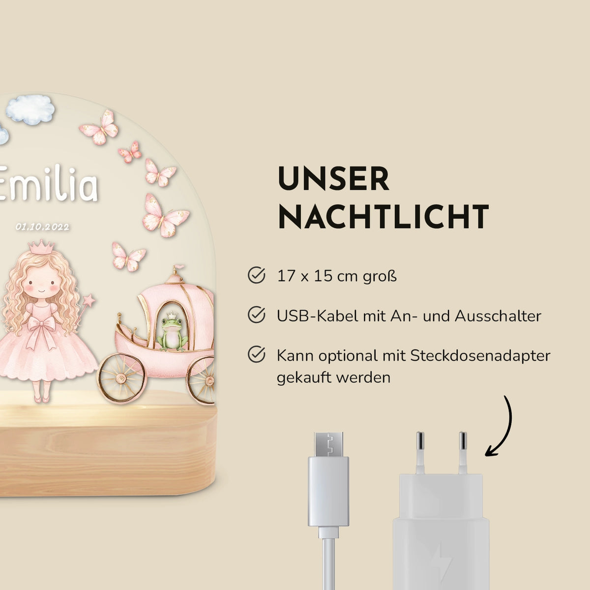 Infografik Prinzessin-Nachtlicht: 17 x 15 cm, USB-Kabel mit Schalter, Adapter optional