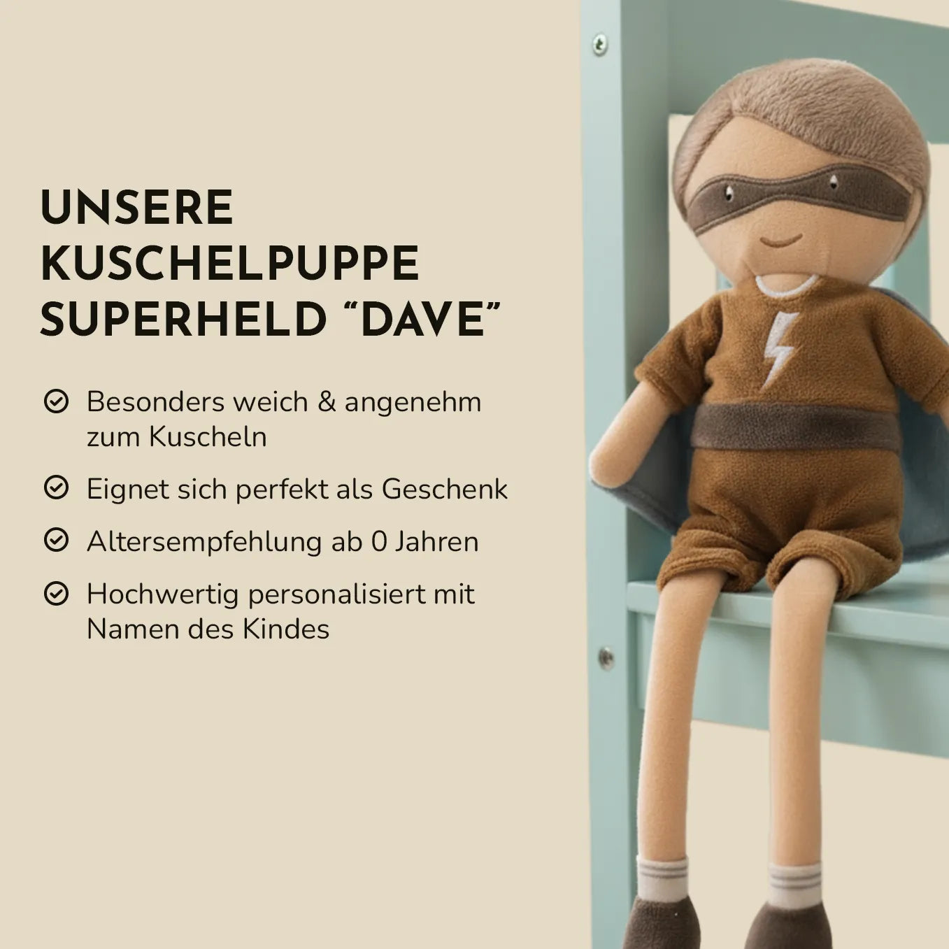 Personalisierte Kuschelpuppe Superhero "Dave"