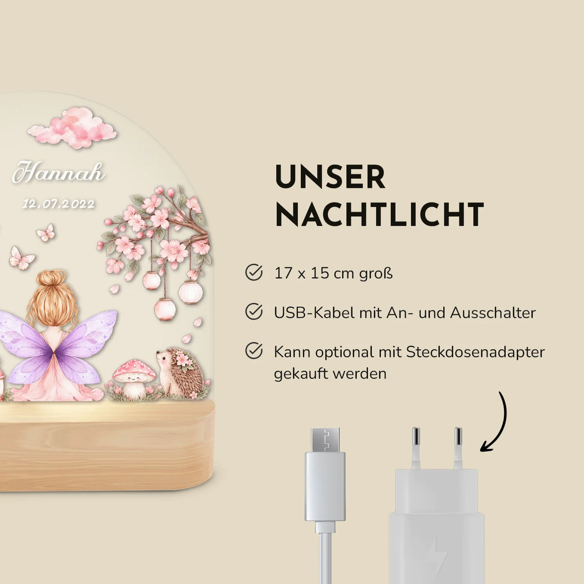 Infografik zum Nachtlicht: 17 x 15 cm groß, USB-Kabel mit An- und Ausschalter, optional mit Steckdosenadapter