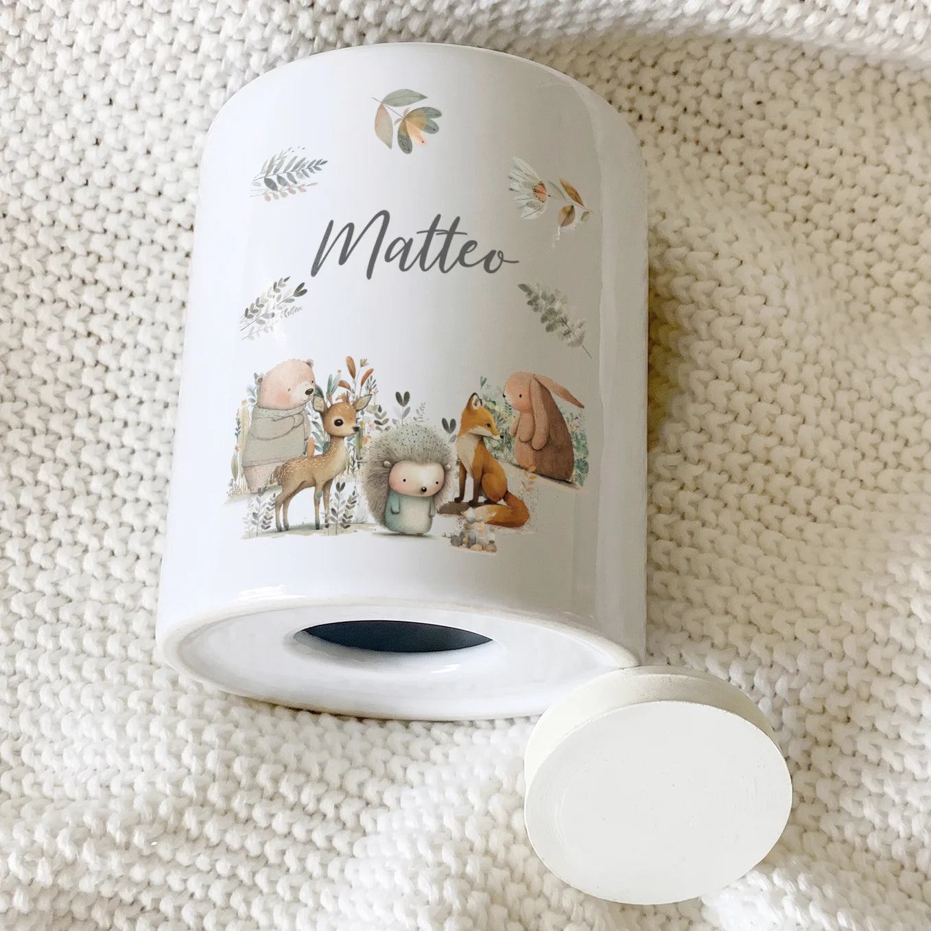 Personalisierte Keramik Spardose "Waldtiere Aquarell"