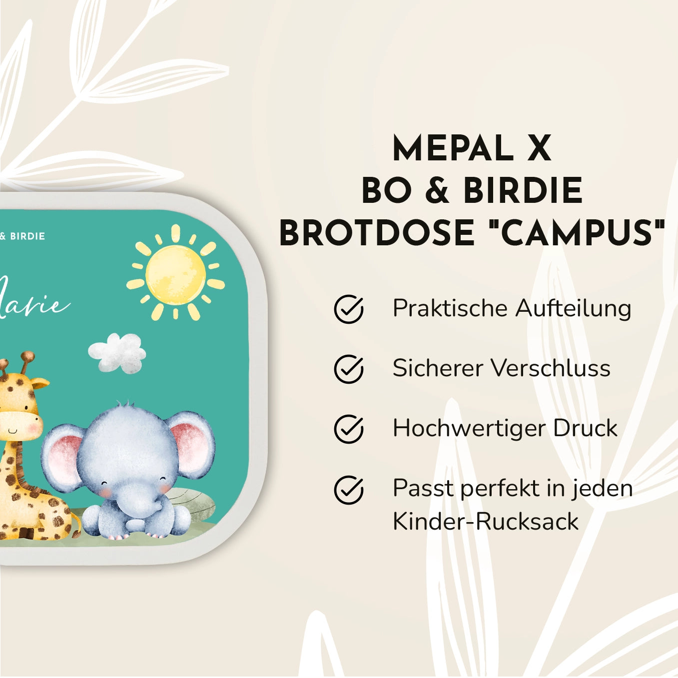 Set: Personalisierte Mepal Brotdose & Trinkflasche "Mini Safari" Bo & Birdie