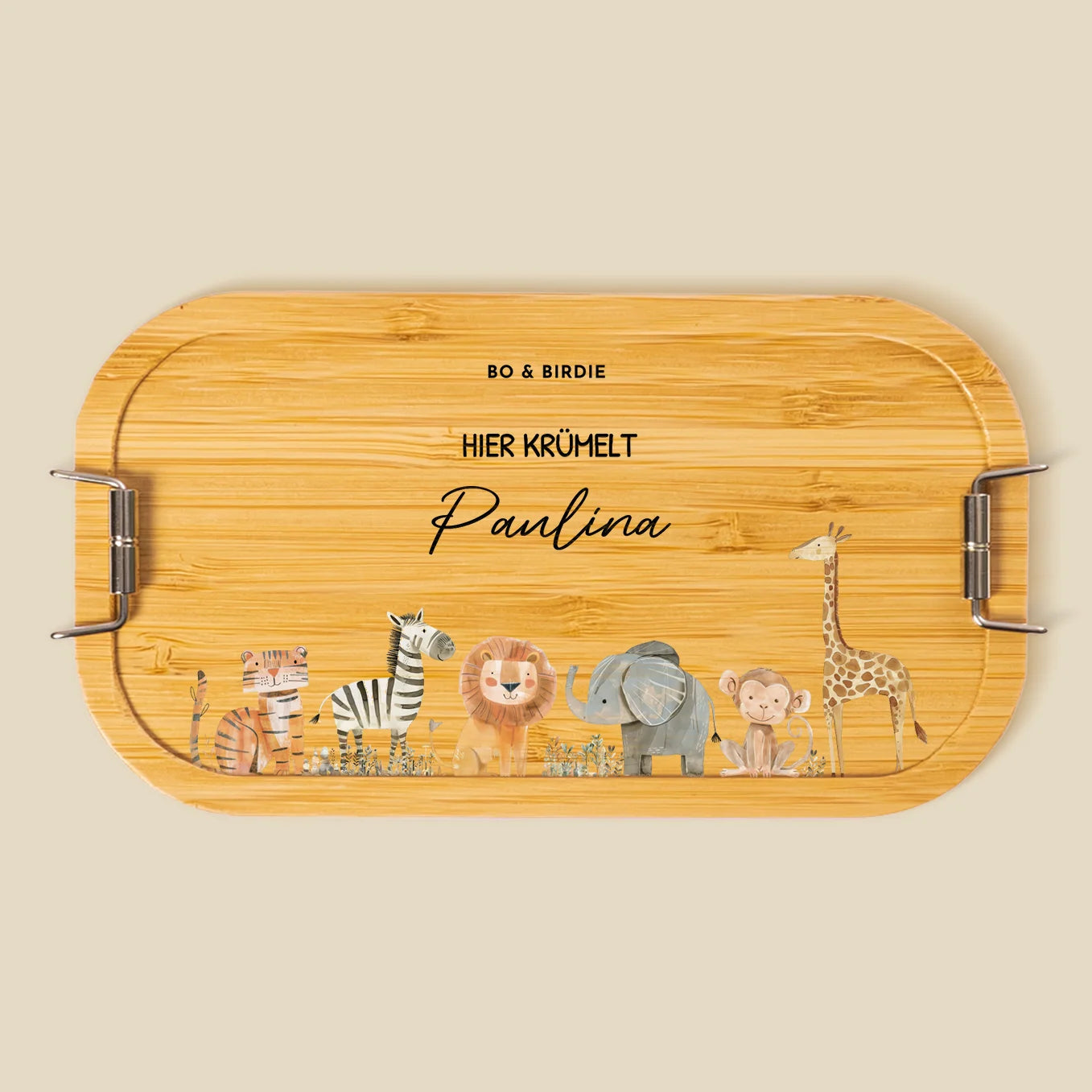 Personalisierte Brotdose mit Bambusdeckel "Safari Tiere" + 52 Gratis Aufkleber