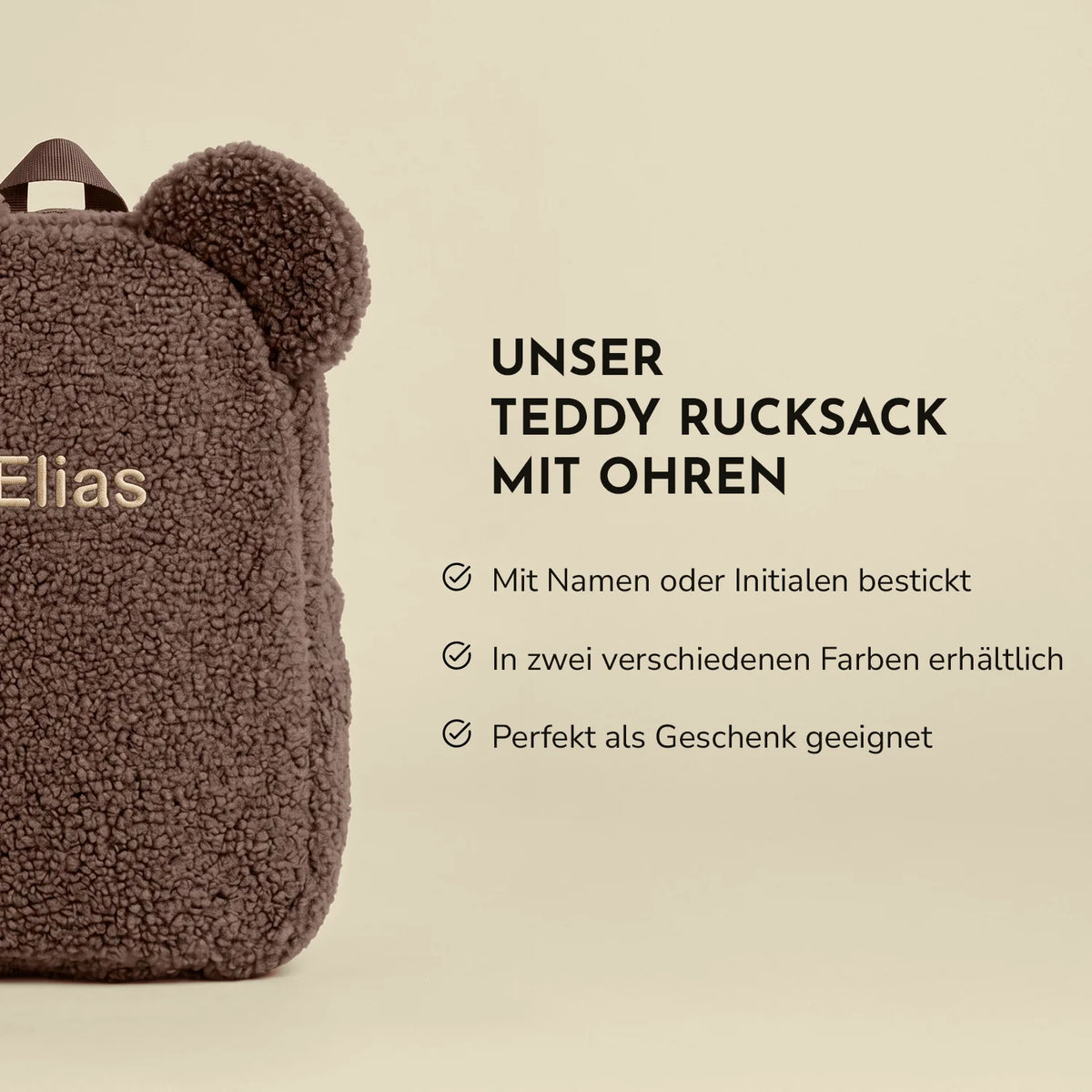 Infografik zum Teddy Rucksack mit Ohren: mit Namen oder Initialen bestickt, in zwei Farben erhältlich, ideal als Geschenk