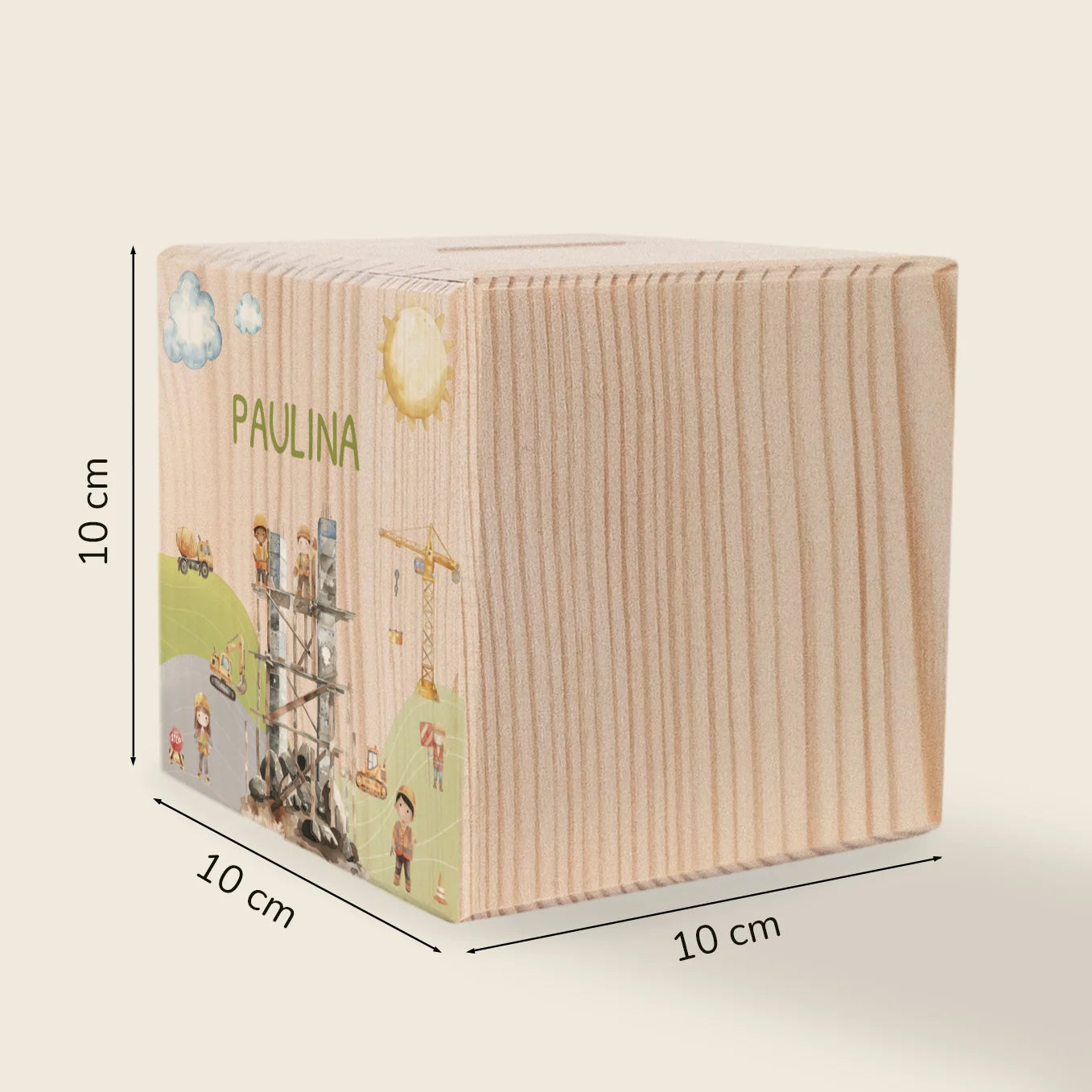 Personalisierte Holzspardose "Baustelle”