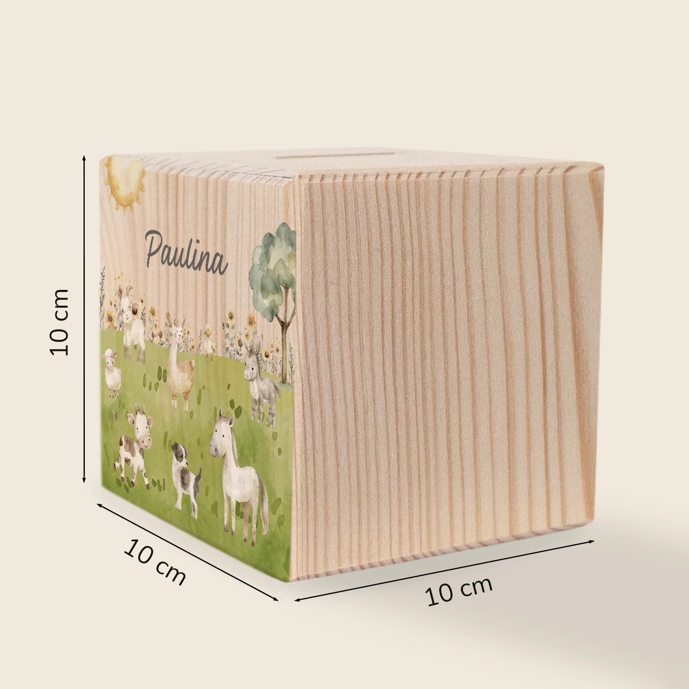 Personalisierte Holzspardose "Bauernhof”