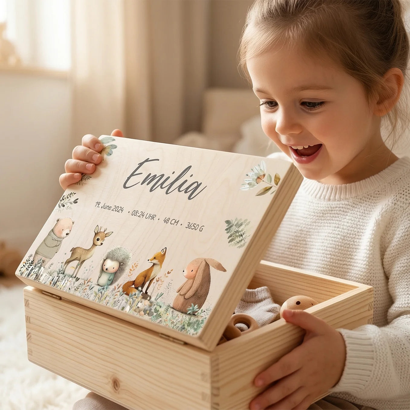 Personalisierte Erinnerungsbox "Aquarell Tiere Wald"