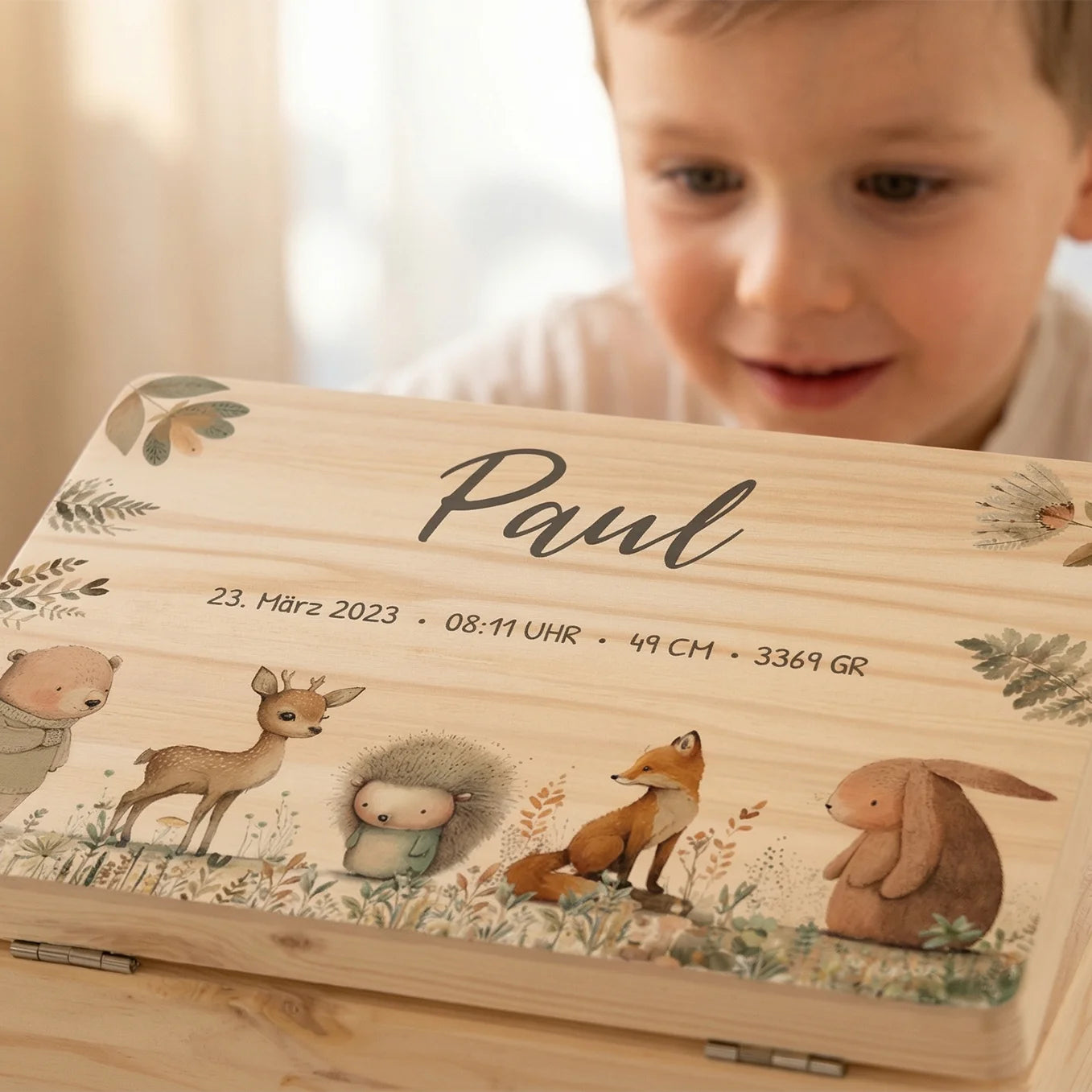 Personalisierte Erinnerungsbox "Aquarell Tiere Wald"