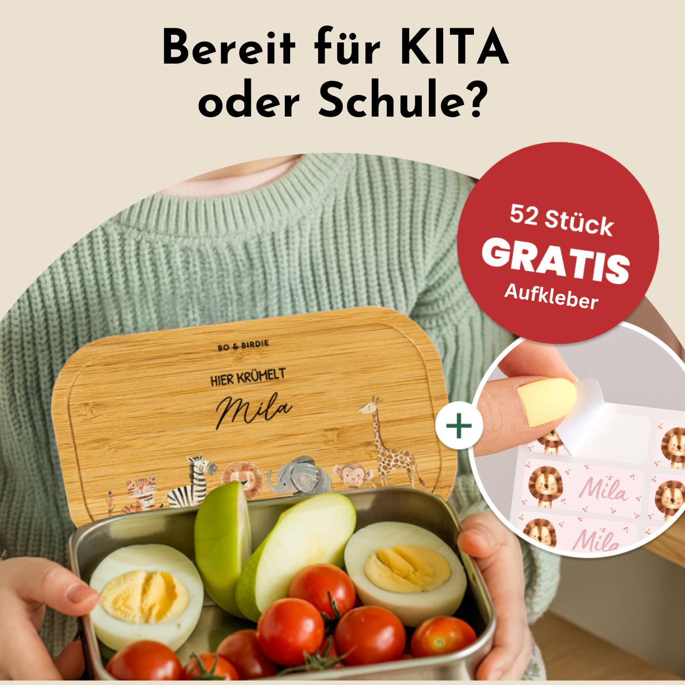 Personalisierte Brotdose mit Bambusdeckel "Safari Tiere" + 52 Gratis Aufkleber