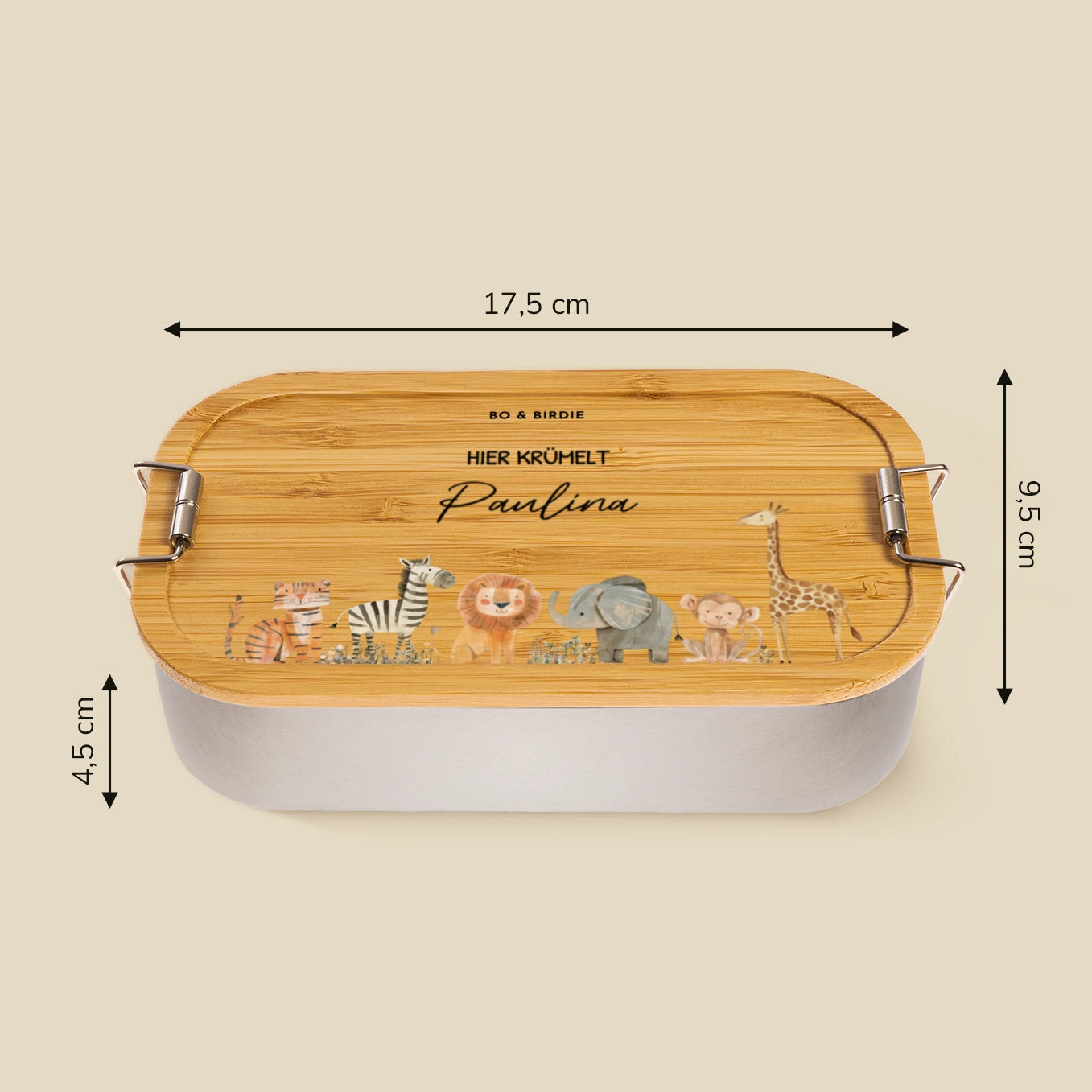 Personalisierte Brotdose mit Bambusdeckel "Safari Tiere"