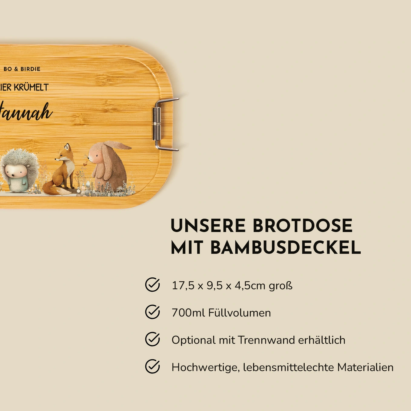 Personalisierte Brotdose mit Bambusdeckel "Waldtiere"