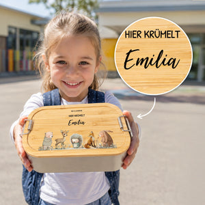 Personalisierte Brotdose mit Bambusdeckel "Waldtiere"