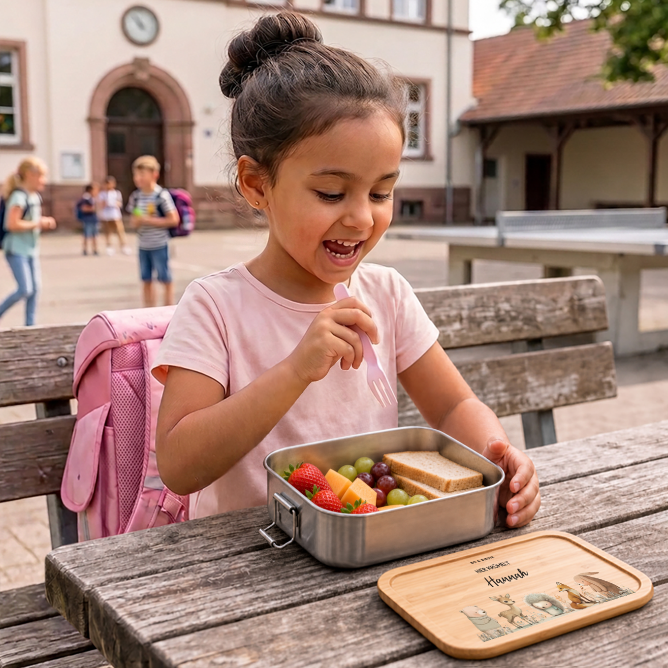 Personalisierte Brotdose mit Bambusdeckel "Waldtiere"