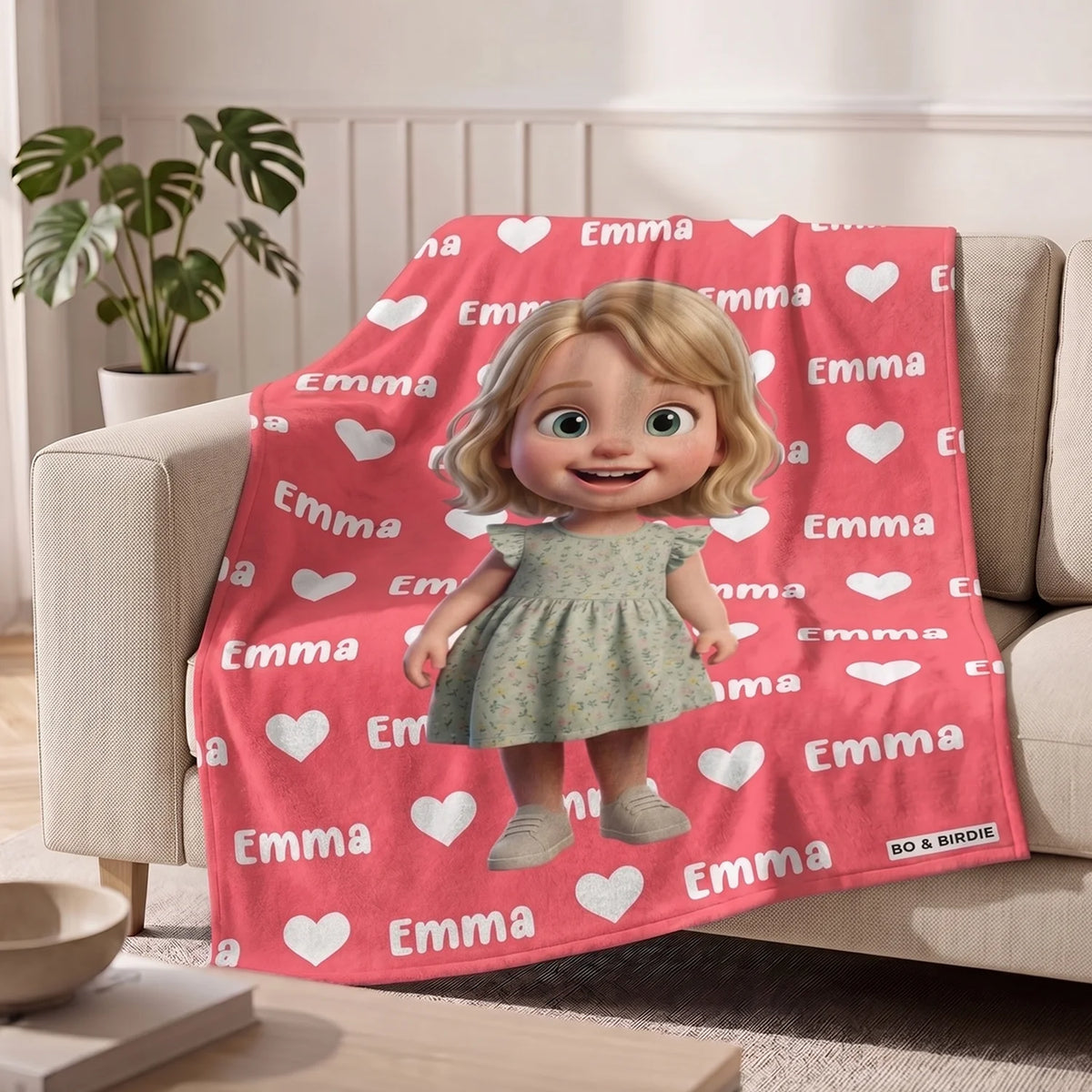 Rote Kinderdecke mit Cartoon-Mädchen und Namen Emma auf einem Sofa